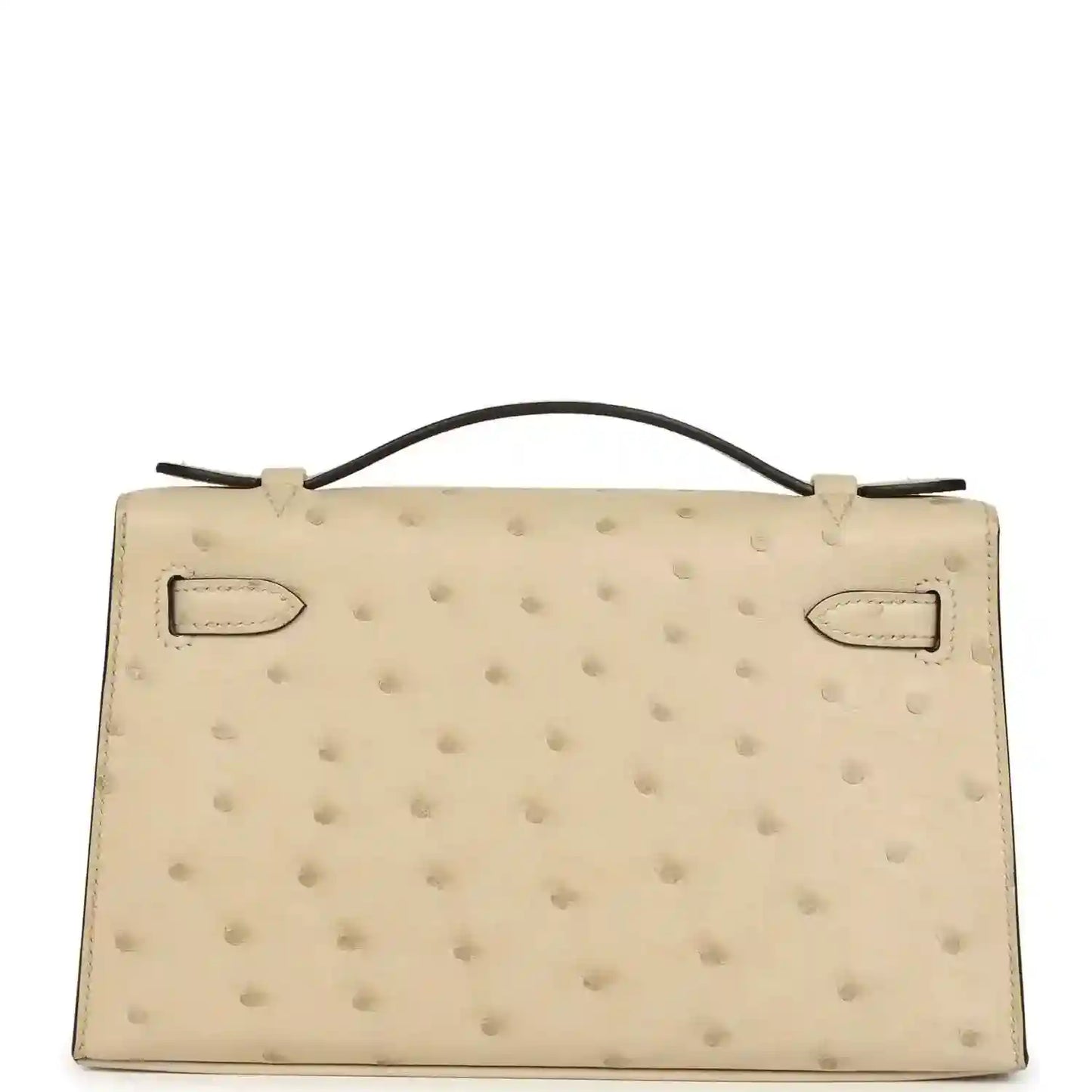 Beige ostrich-leather clutch with front flap and stitched corner details