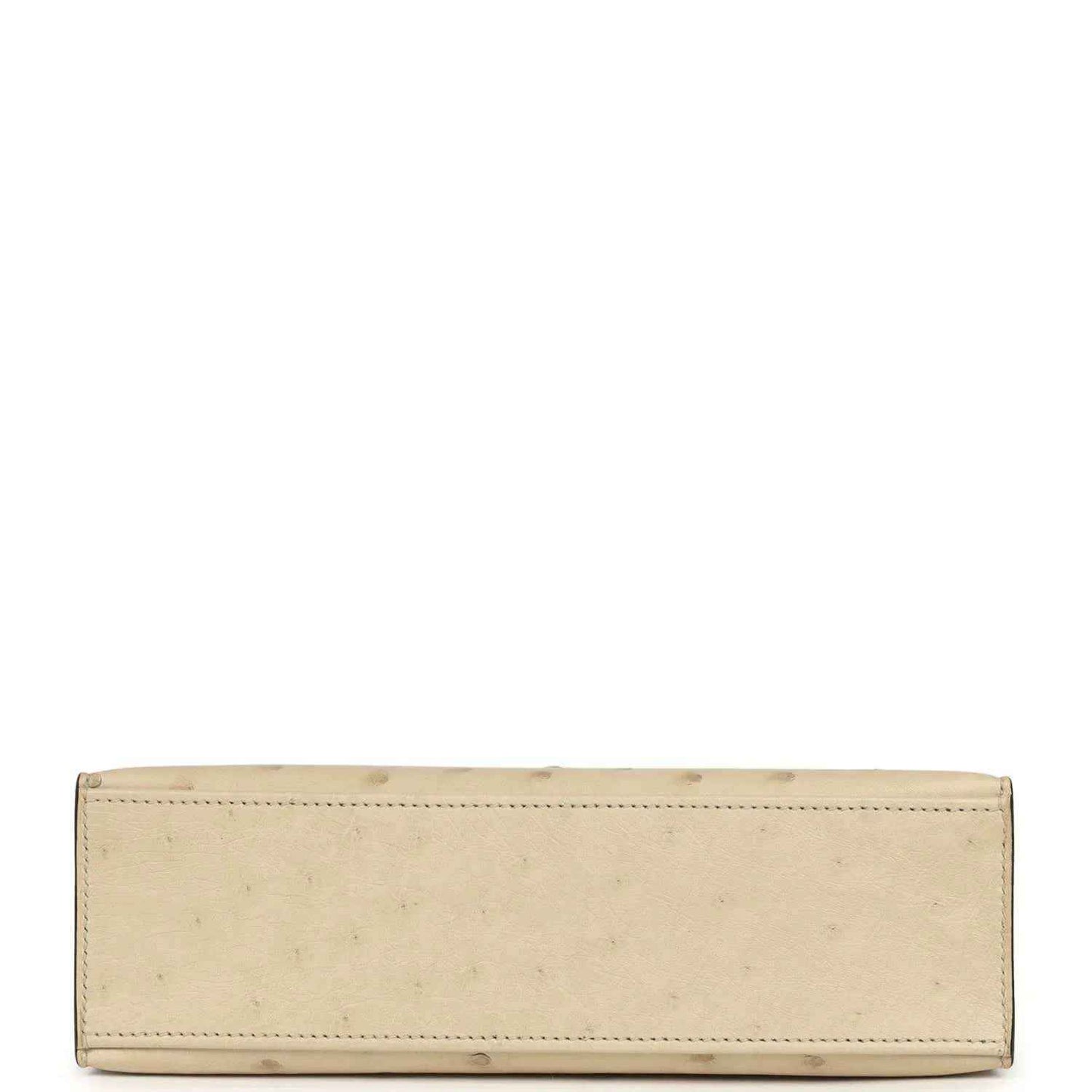Beige ostrich-leather clutch with long slim shape and stitched border