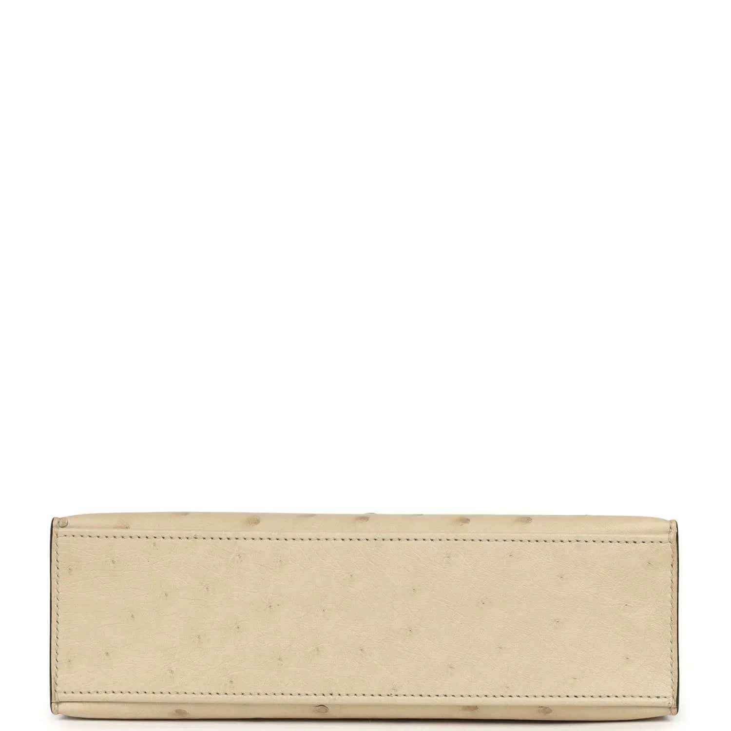 Beige ostrich-leather clutch with long slim shape and stitched border