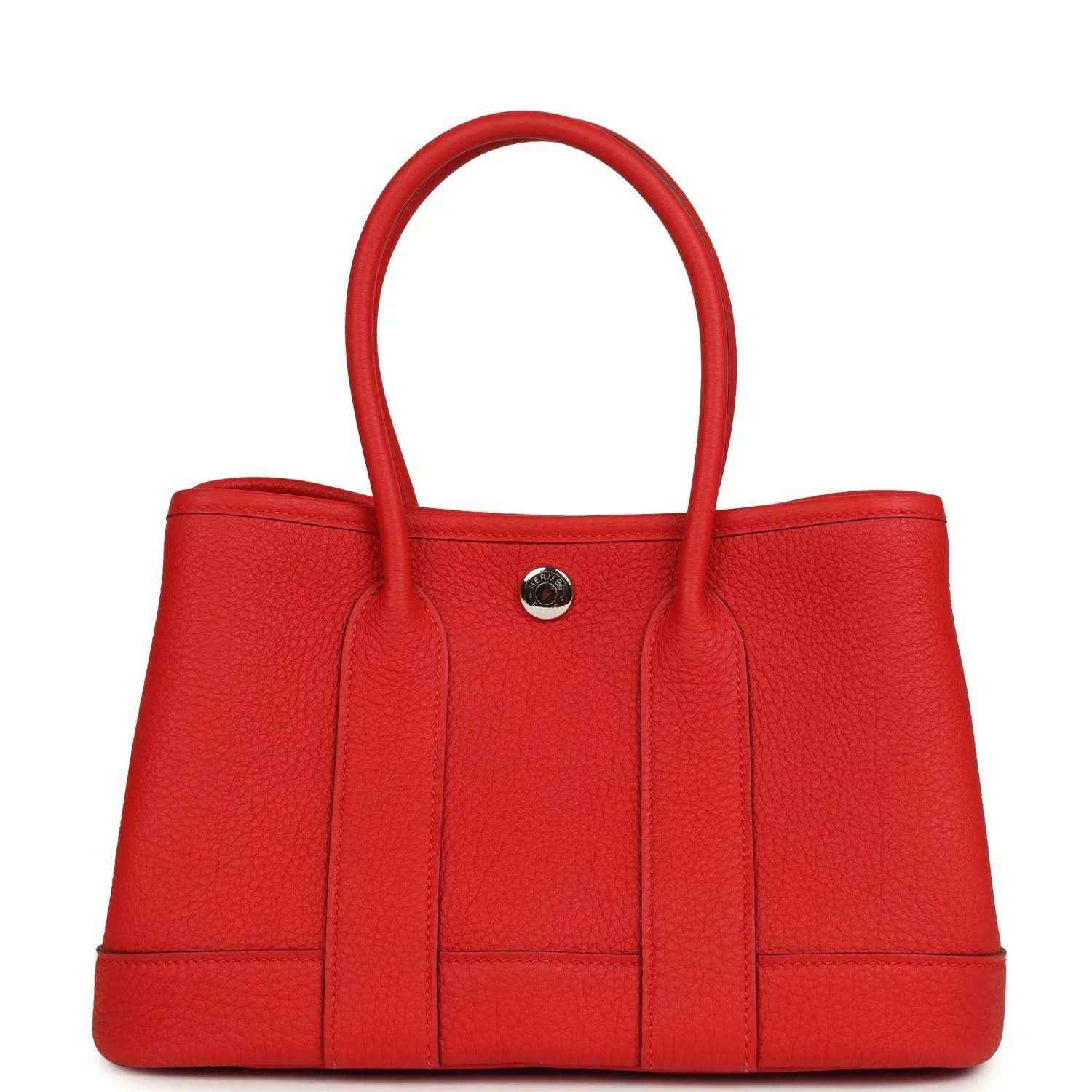 Red togo leather tote bag with top handles and front tab with metal snap