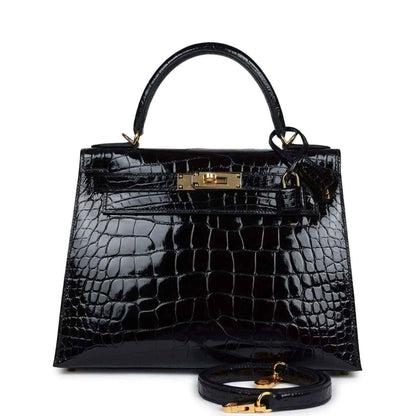 Black shiny alligator Kelly handbag with top handles and gold front clasp