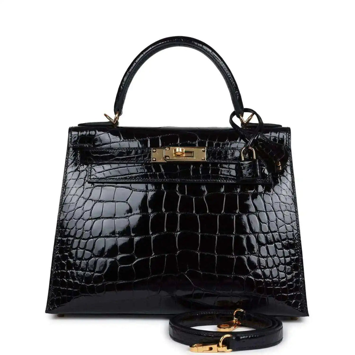 Black shiny alligator Kelly handbag with top handles and gold front clasp