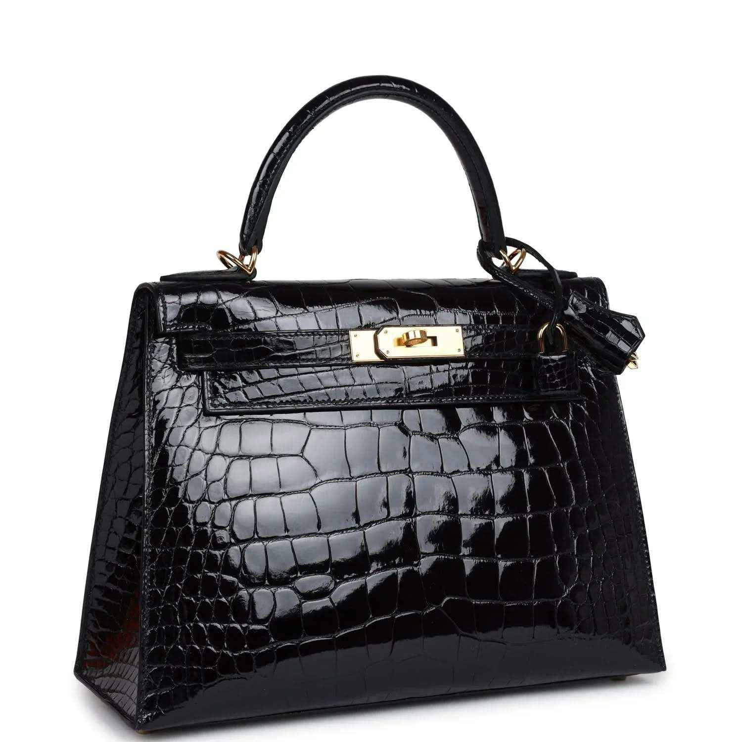 Black shiny alligator Kelly handbag with front latch and crossbody strap
