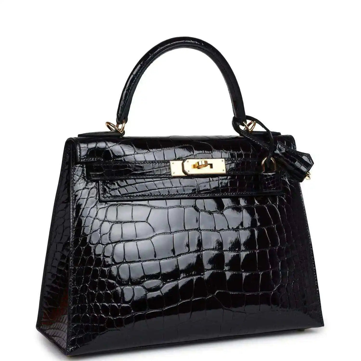 Black shiny alligator Kelly handbag with front latch and crossbody strap