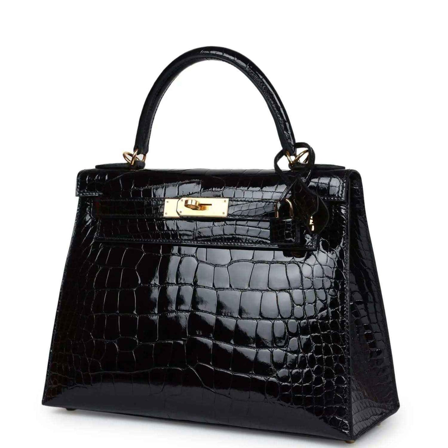 Black shiny alligator leather Kelly handbag with gold-tone front clasp