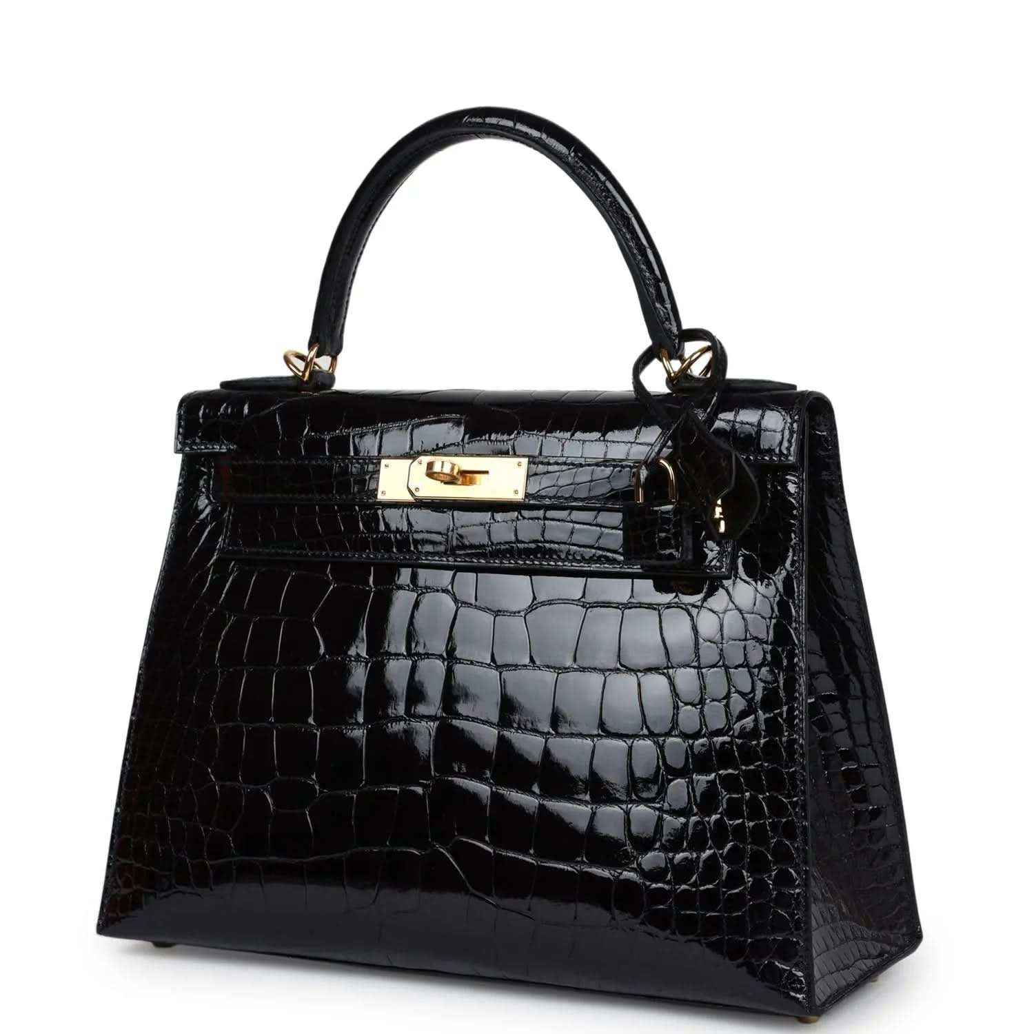Black shiny alligator leather Kelly handbag with gold-tone front clasp
