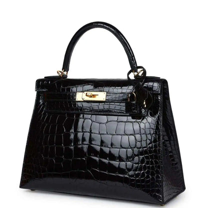 Black shiny alligator leather Kelly handbag with gold-tone front clasp
