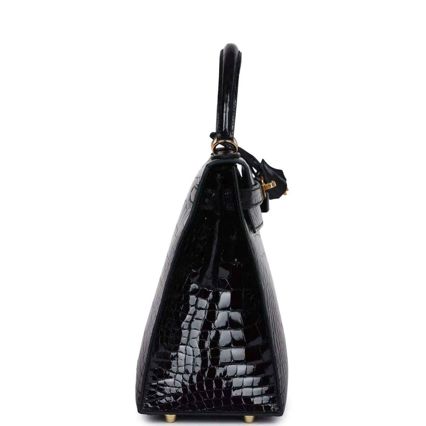 Black alligator leather Kelly handbag with gold-tone top ring and strap