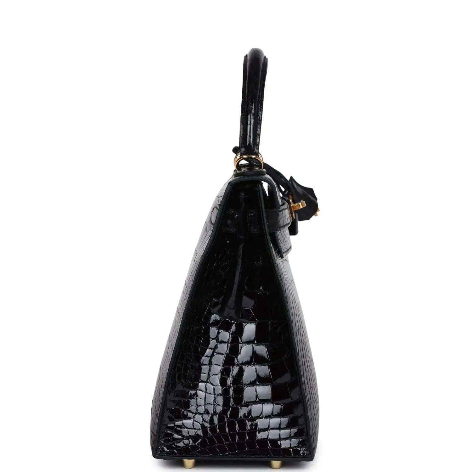 Black alligator leather Kelly handbag with gold-tone top ring and strap
