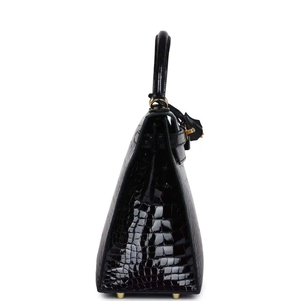 Black alligator leather Kelly handbag with gold-tone top ring and strap