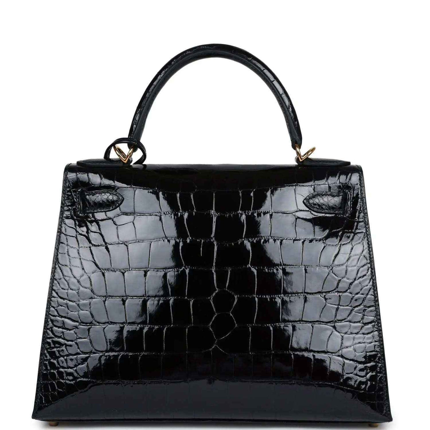 Black shiny alligator leather Kelly handbag with top handles and front flap