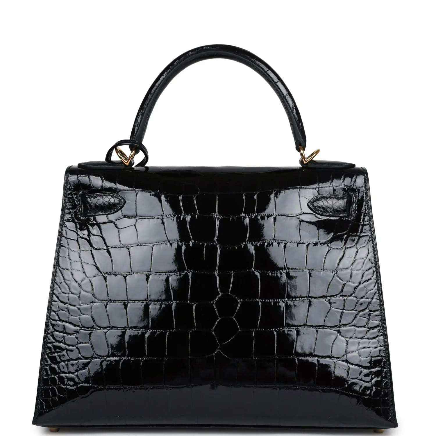 Black shiny alligator leather Kelly handbag with top handles and front flap