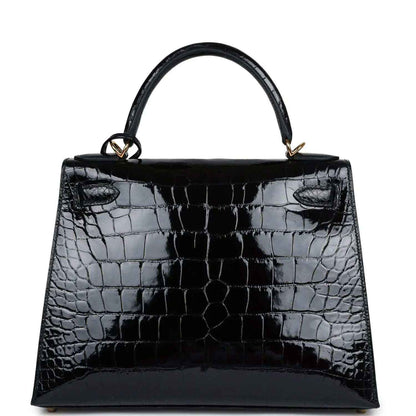 Black shiny alligator leather Kelly handbag with top handles and front flap