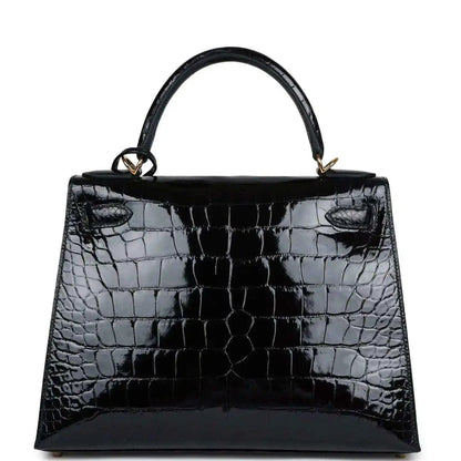 Black shiny alligator leather Kelly handbag with top handles and front flap