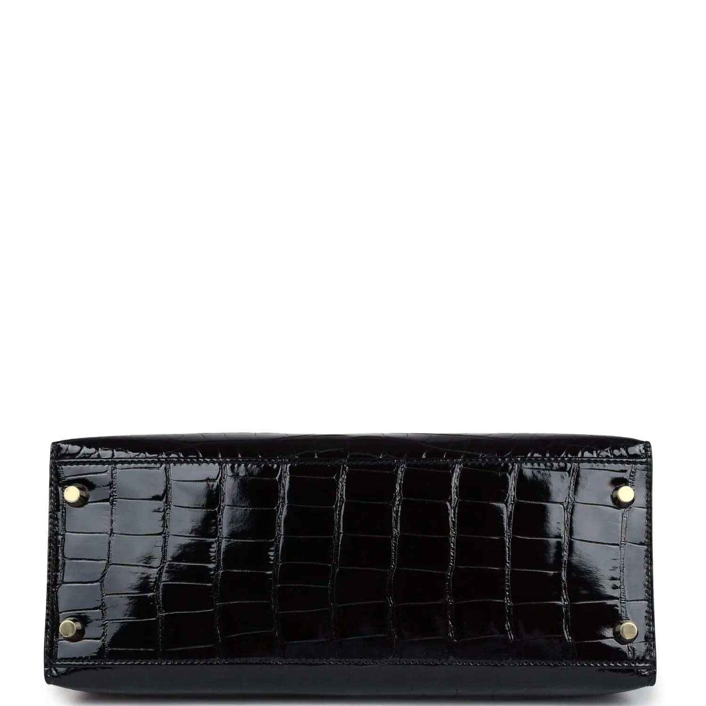Black alligator leather Kelly handbag lining with gold rivets and studs