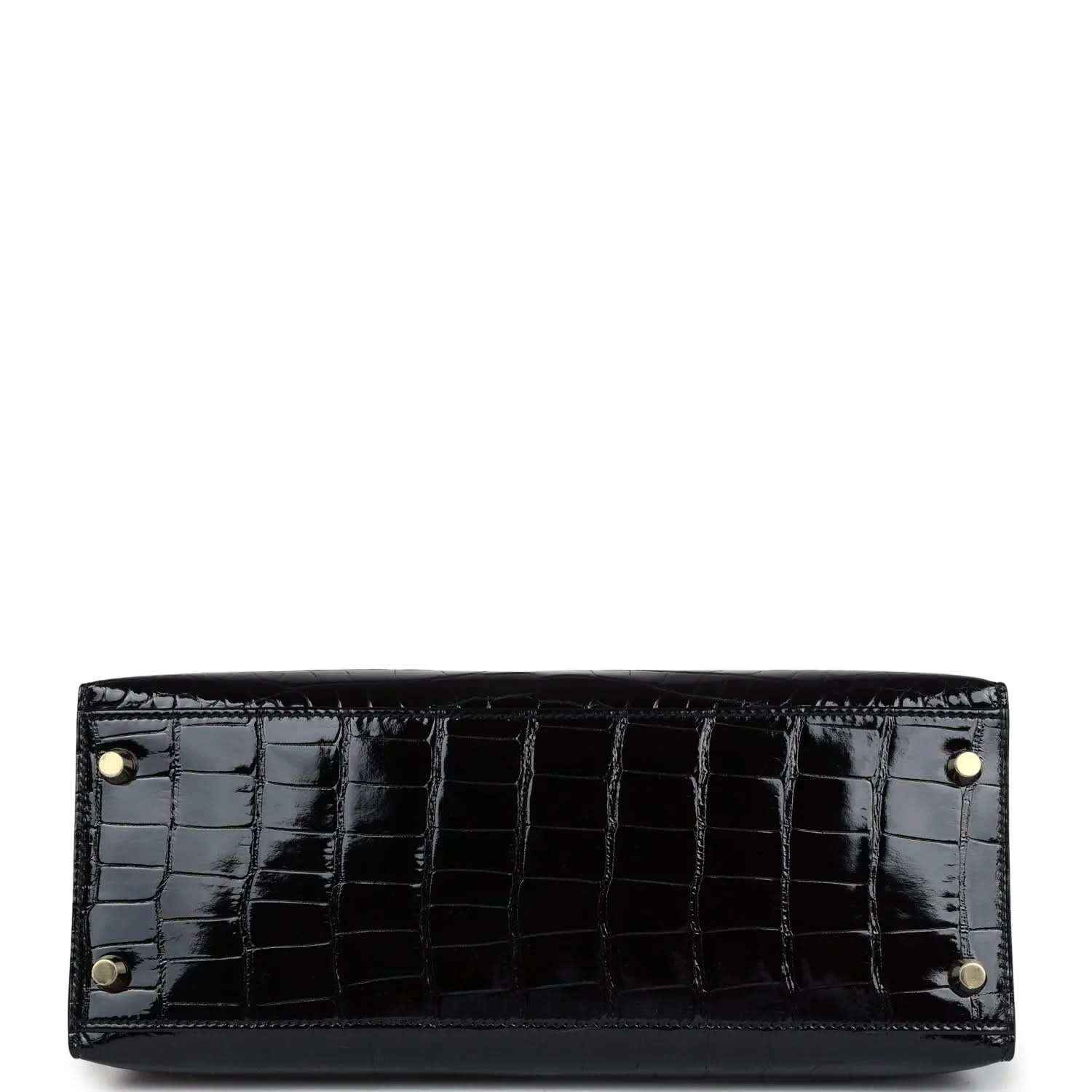 Black alligator leather Kelly handbag lining with gold rivets and studs