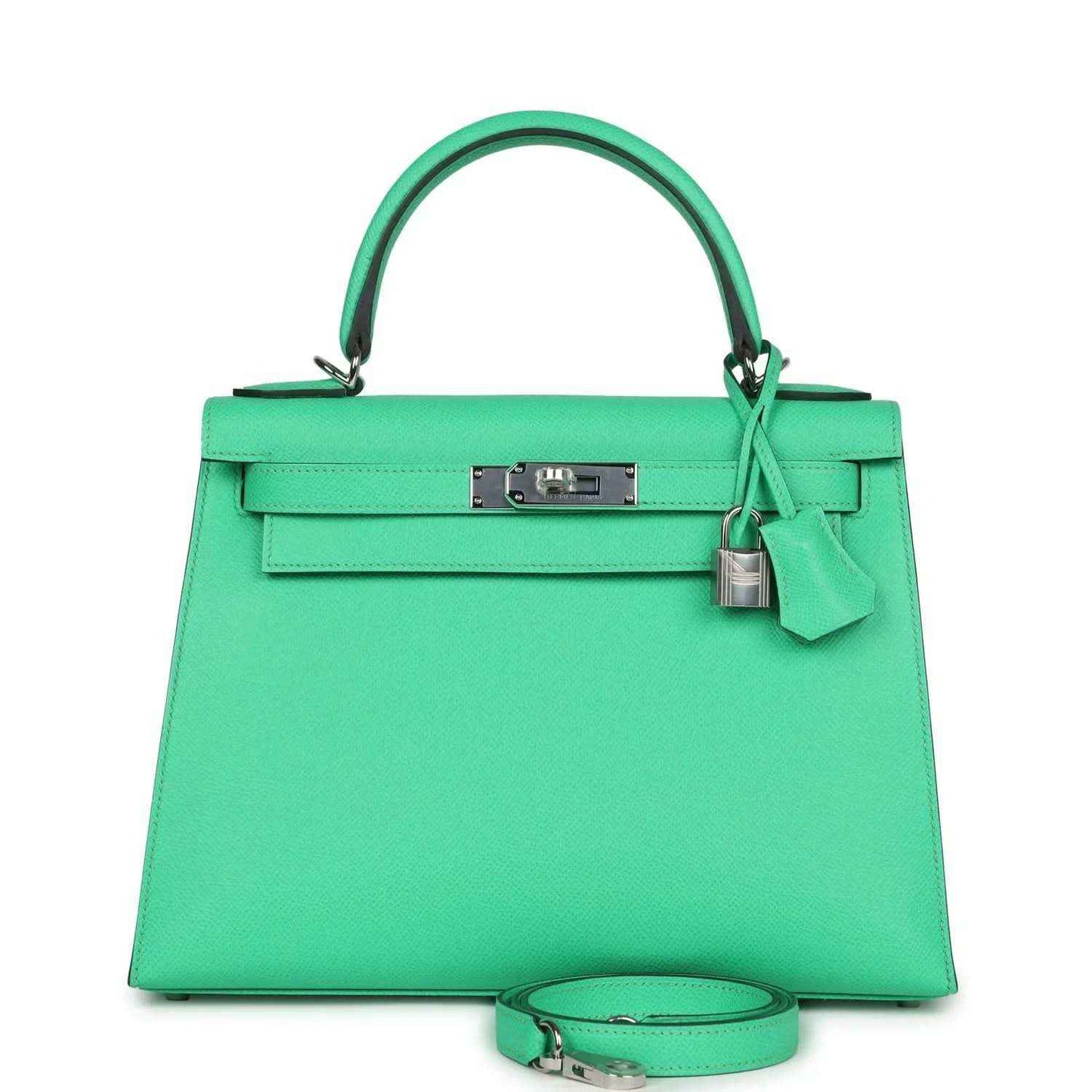 Green leather top-handle handbag with silver front clasp and hanging lock charm