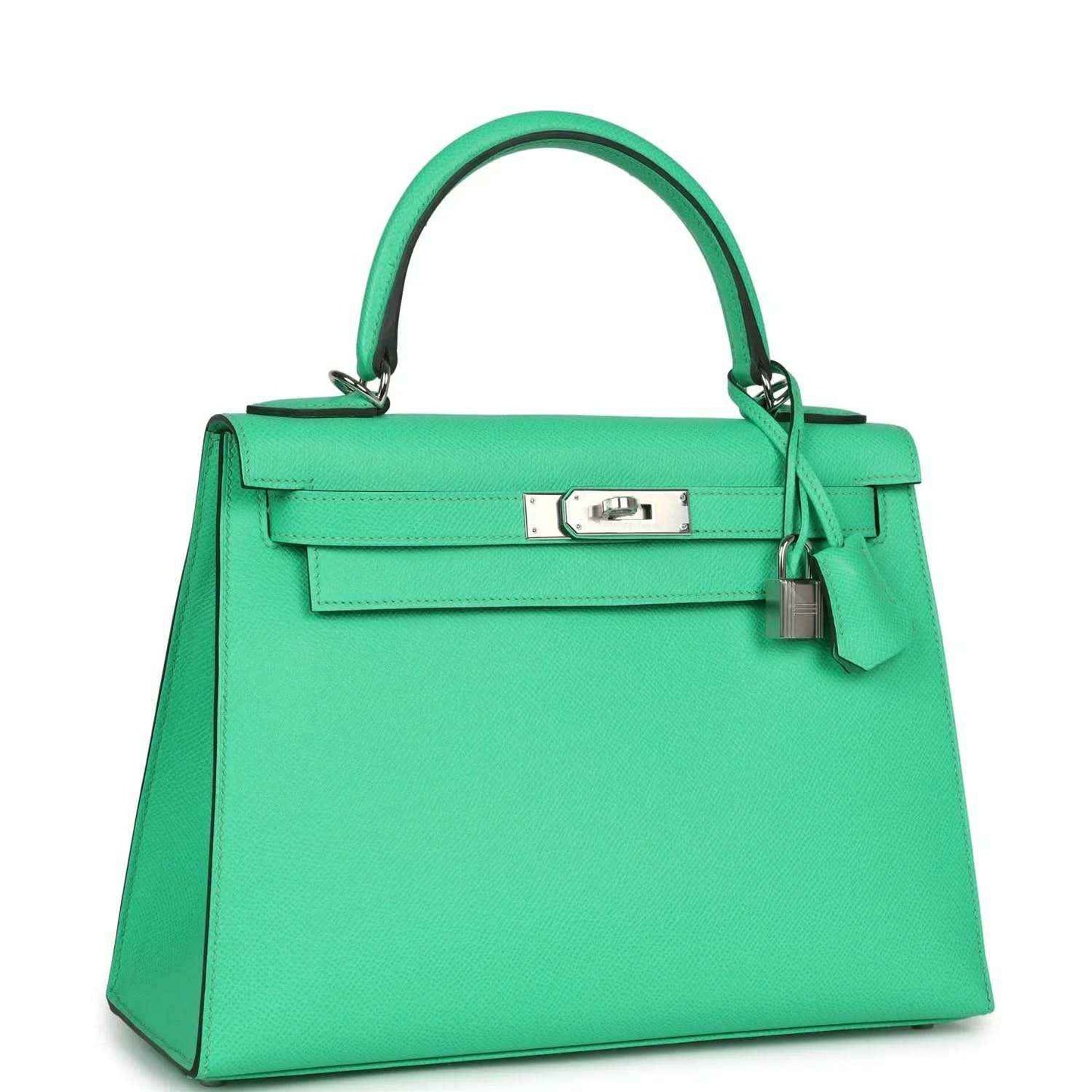 Green leather top-handle handbag with front flap clasp and side panel stitching