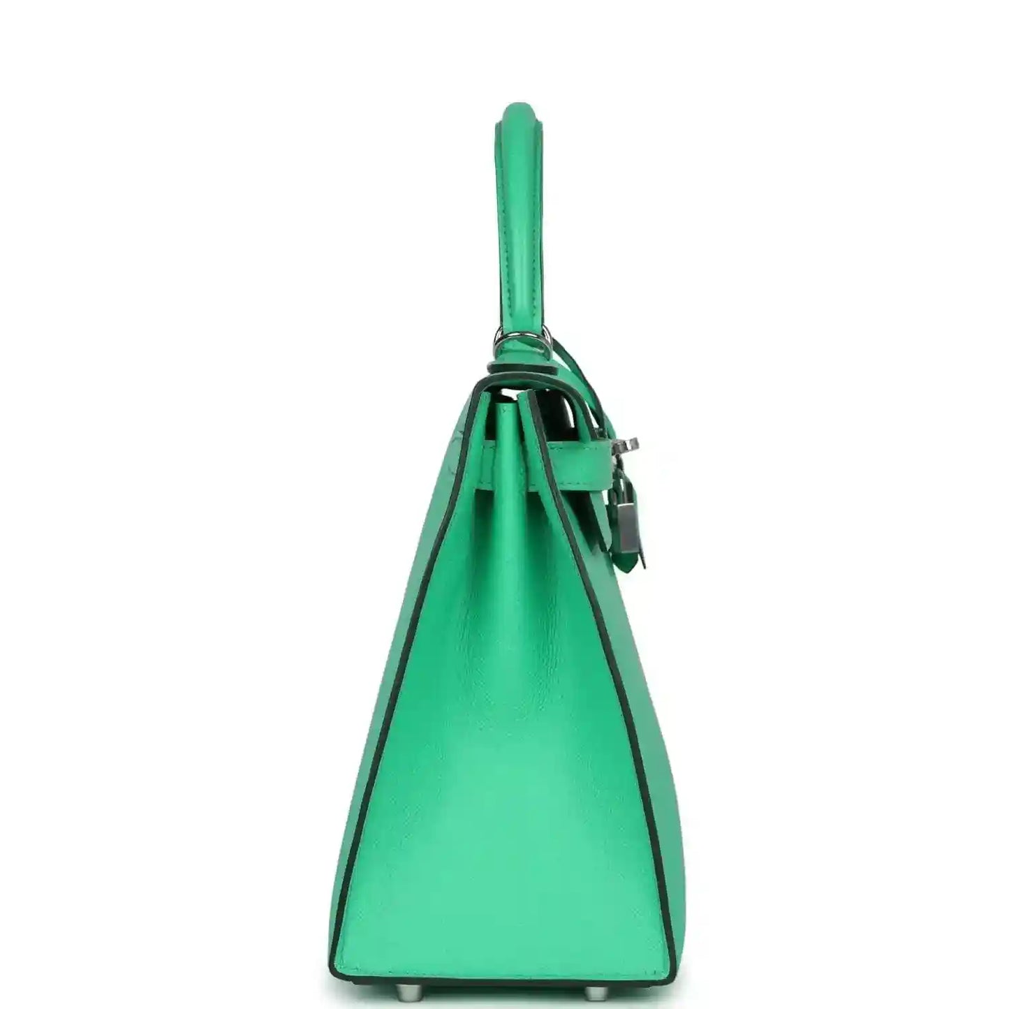 Green leather top-handle handbag back view with tall handle loop and small hardware