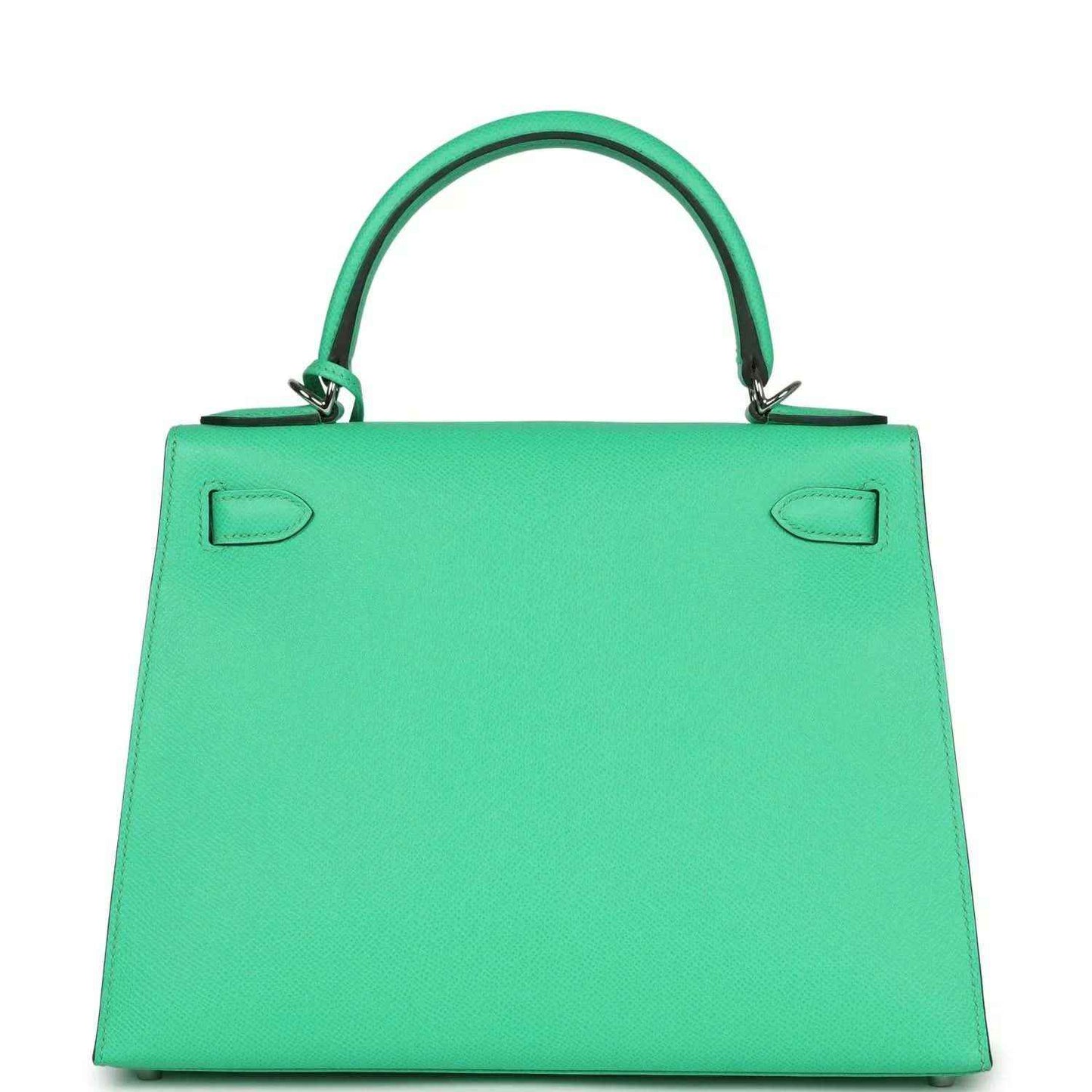 Green leather top-handle handbag with fold-over flap and two top corner tabs