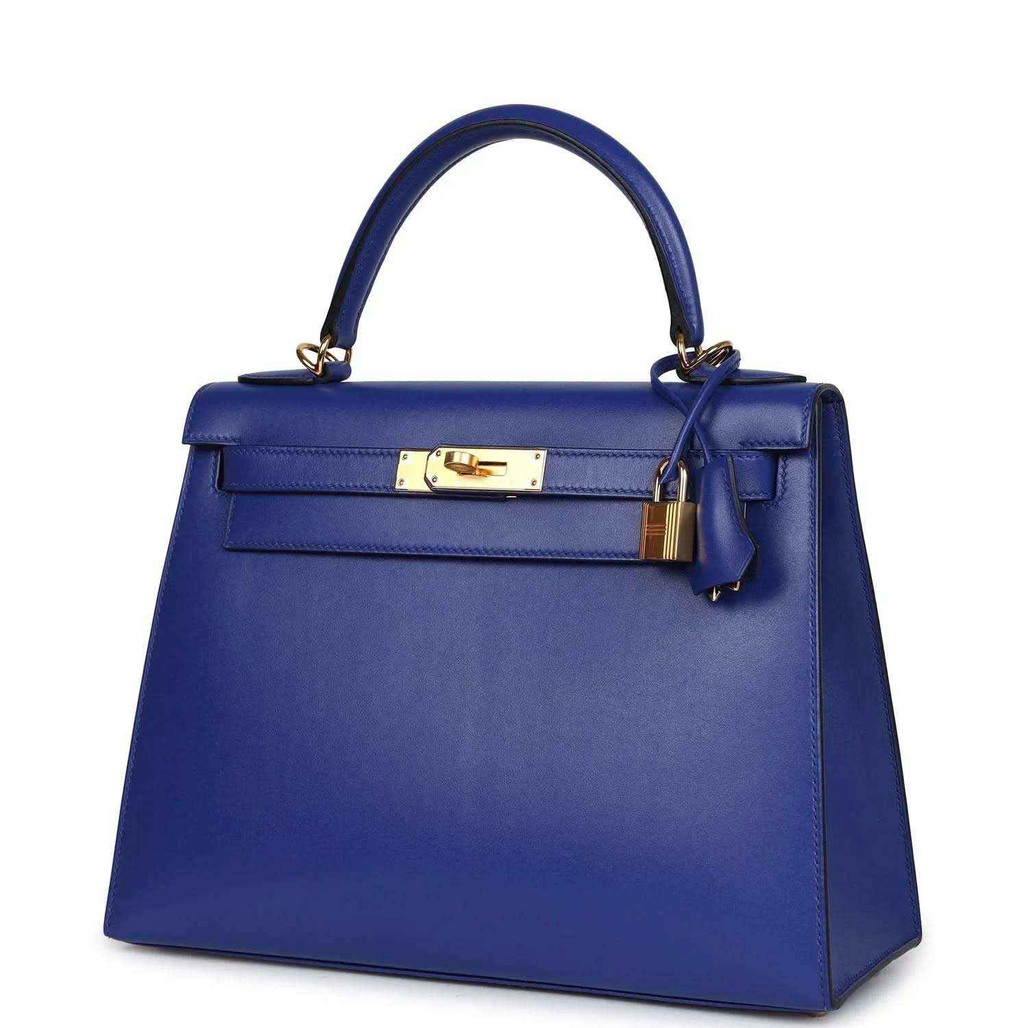Blue leather Kelly-style handbag with front flap, gold clasp, and shoulder strap