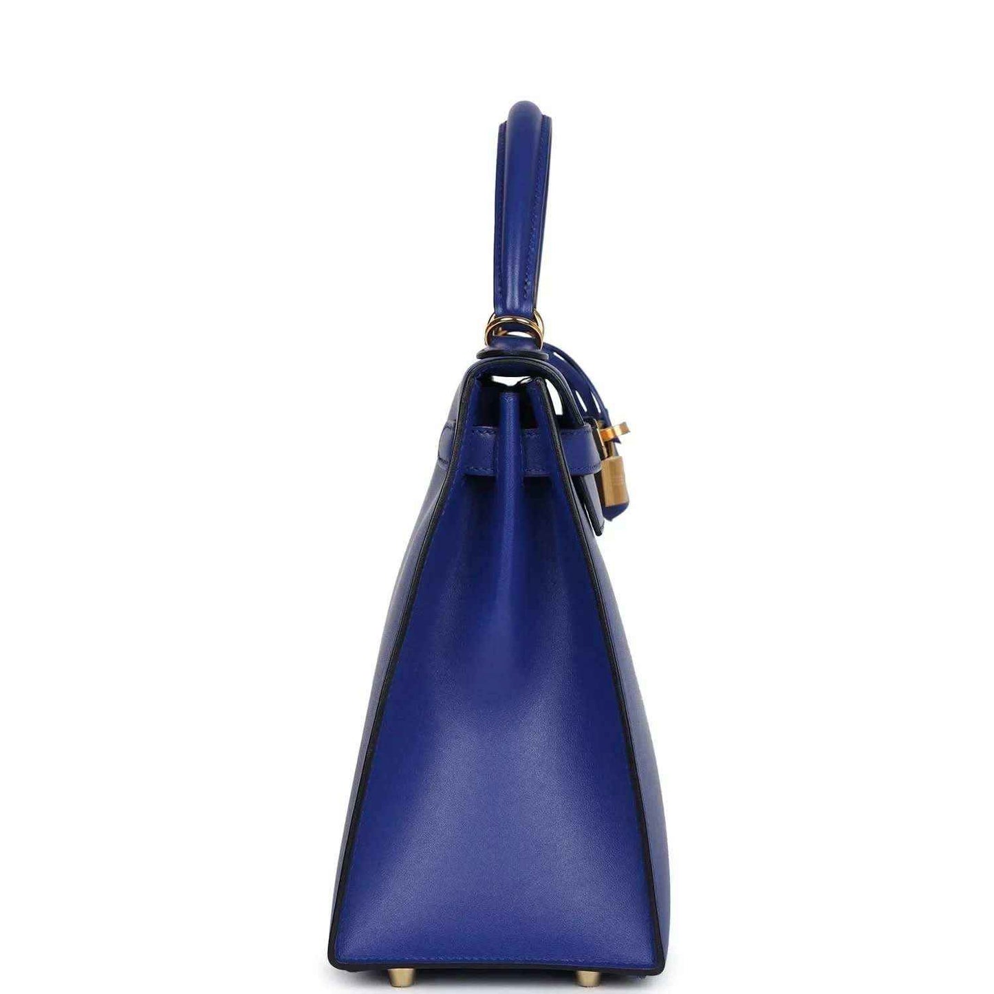 Blue leather Kelly-style handbag with hanging strap and gold-tone feet