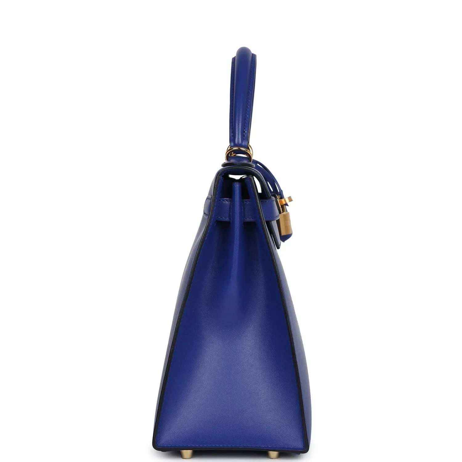 Blue leather Kelly-style handbag with hanging strap and gold-tone feet