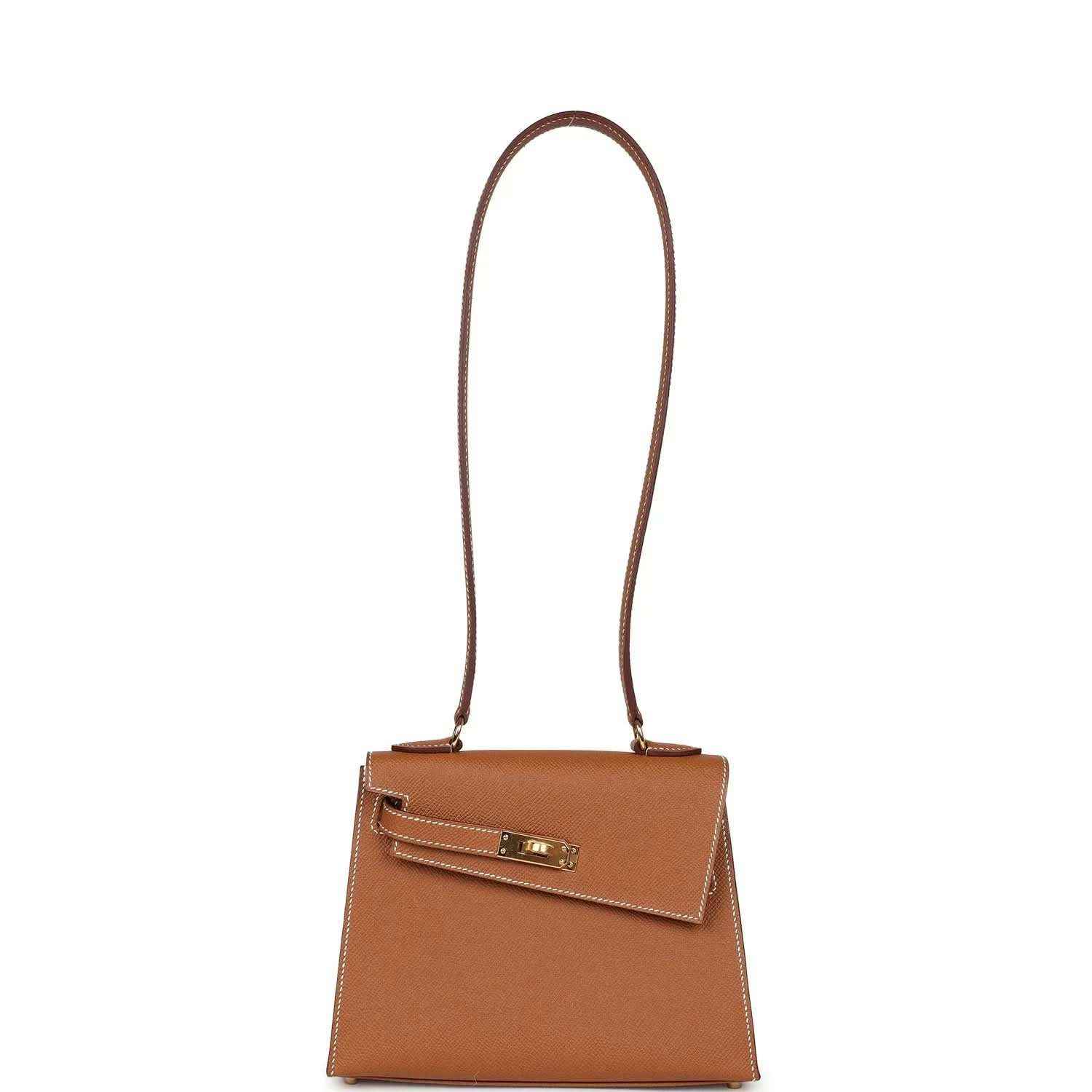 Hermes Kelly handbag tan leather with shoulder strap and front flap, full view
