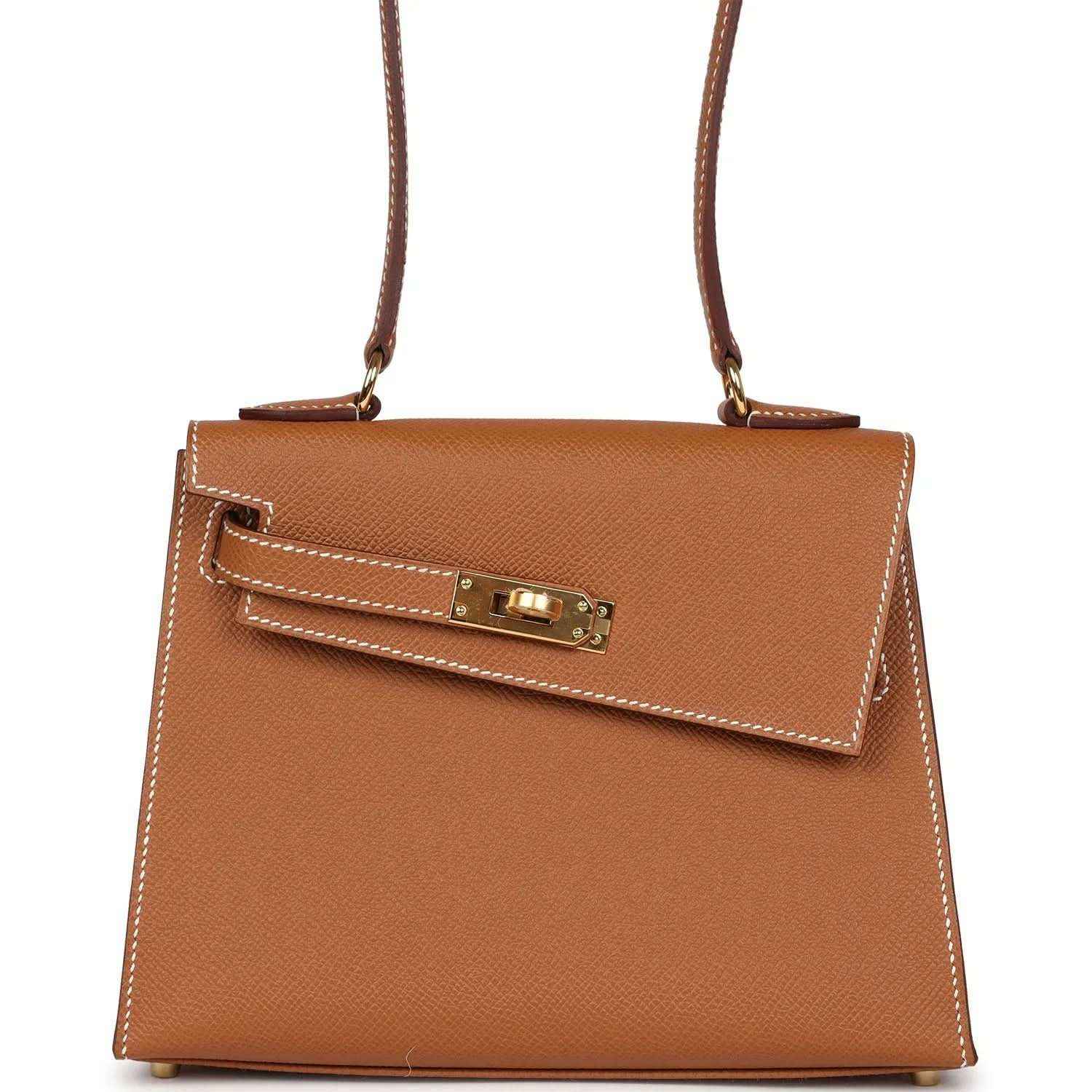 Hermes Kelly handbag tan leather with front flap and gold-tone turn-lock, front view