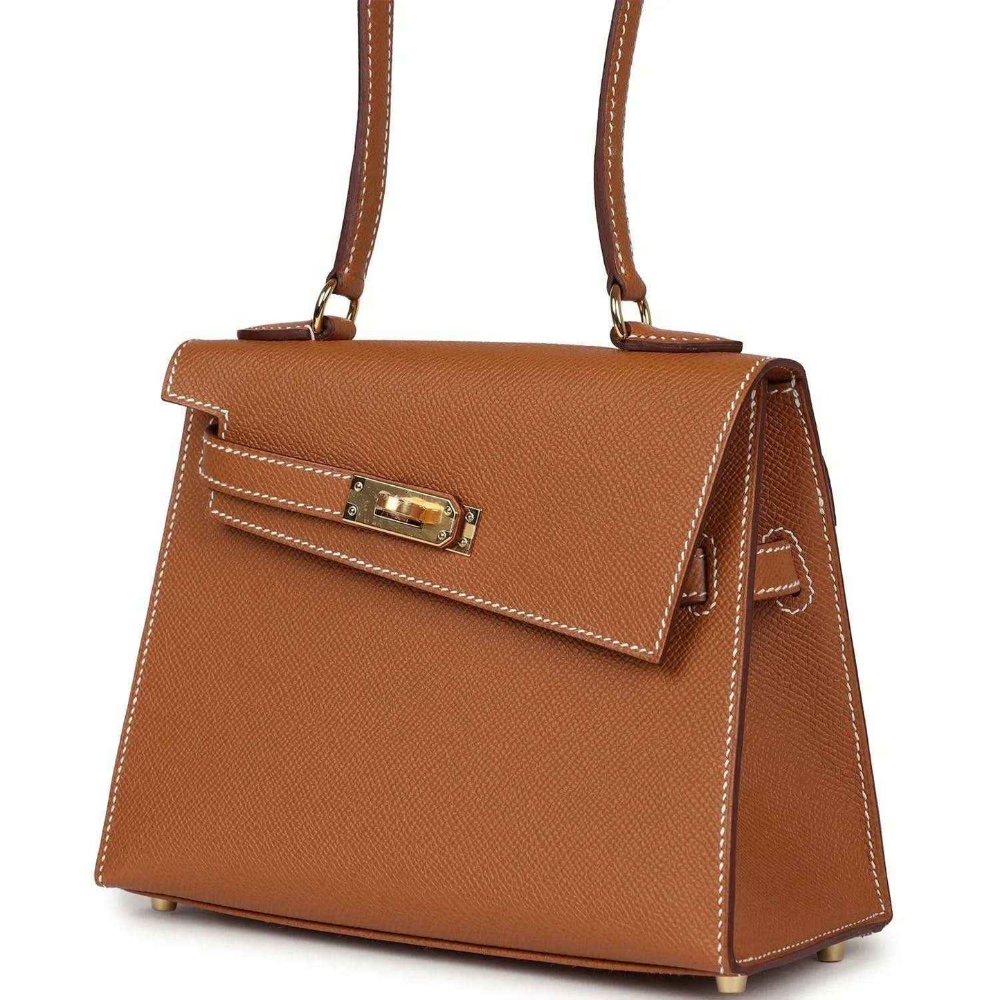 Hermes Kelly handbag tan textured leather, angled front view with turn-lock clasp