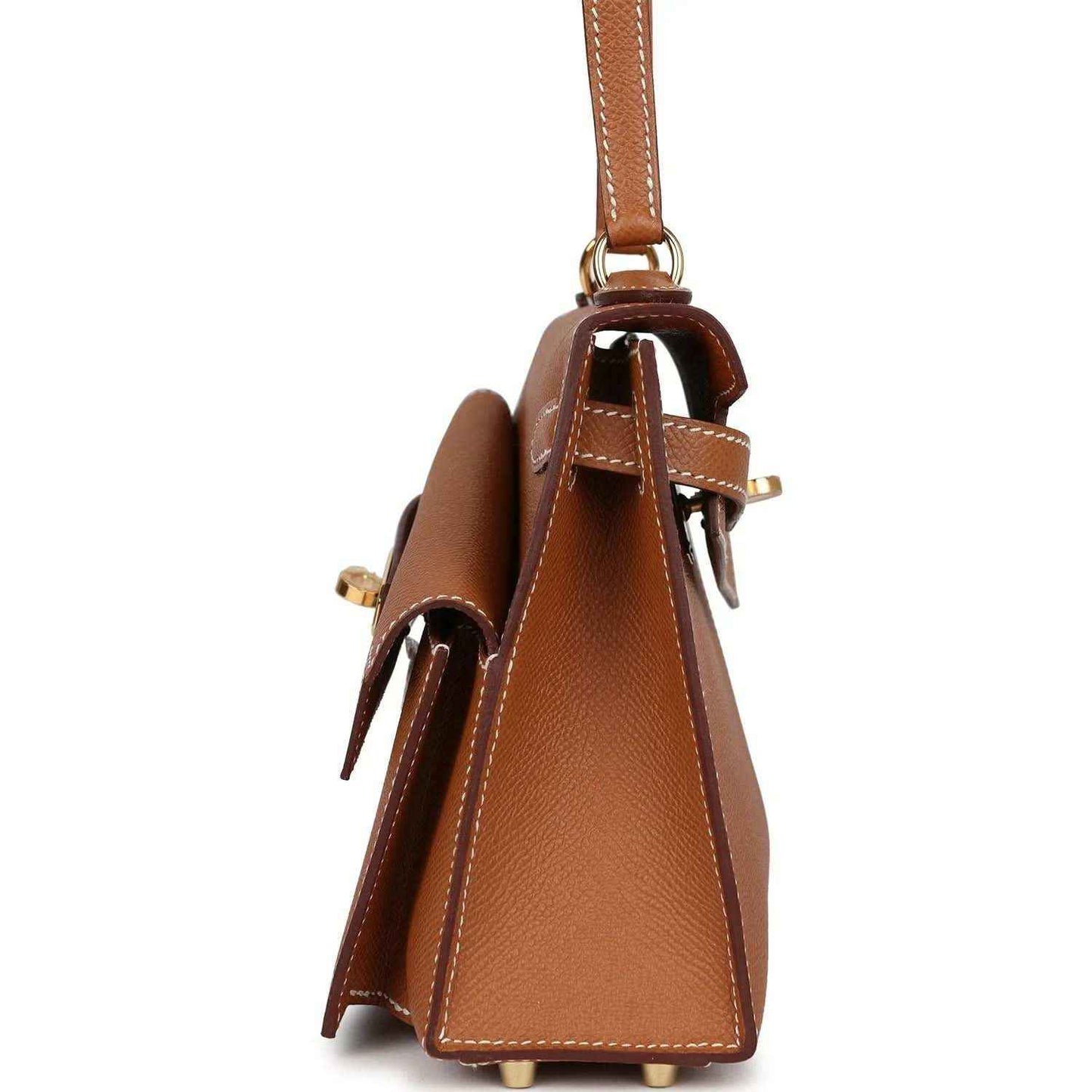 Hermes Kelly handbag tan leather side with gusset detail and gold-tone hardware