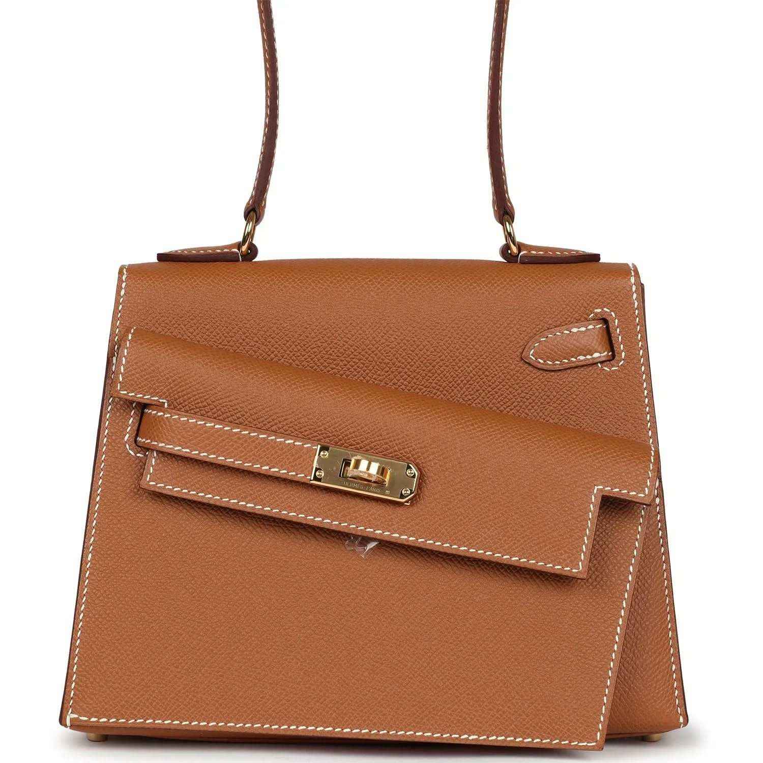 Hermes Kelly handbag in tan textured leather with gold-tone turn-lock on front flap
