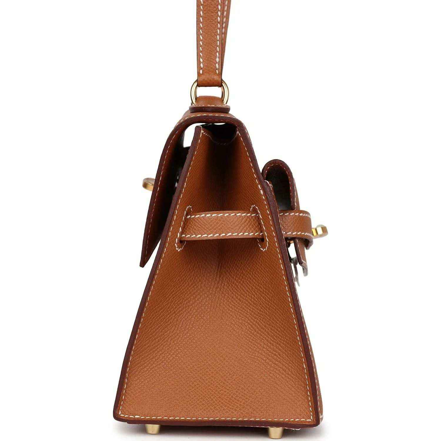 Hermes Kelly handbag tan leather, back view with shoulder strap and stitched pocket