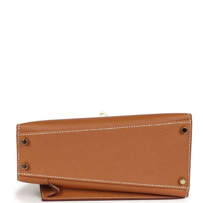 Kelly handbag tan leather back panel with stitched edge and gold-tone corner hardware