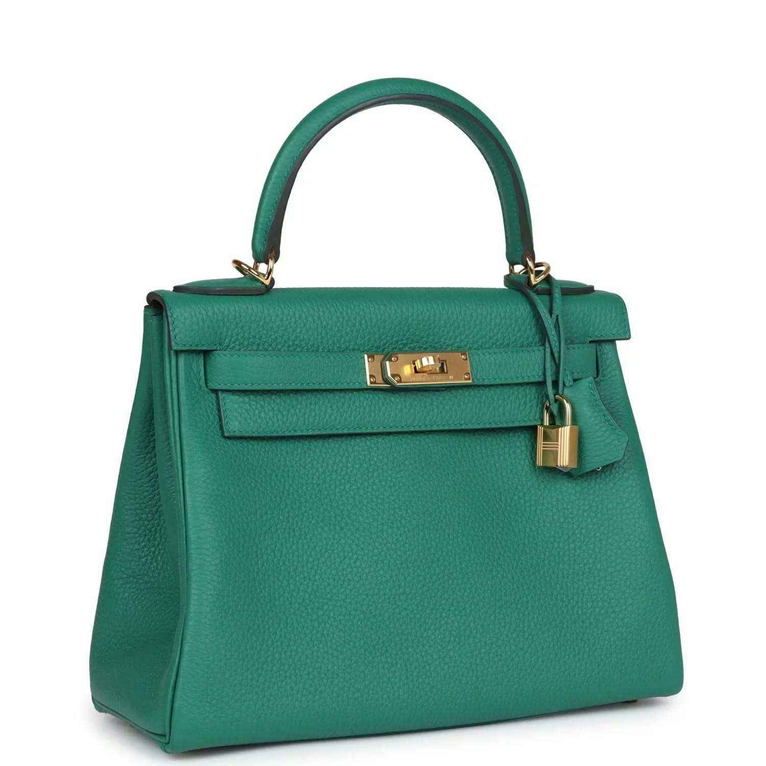 Green leather handbag with top handle, structured front, and gold-tone lock clasp