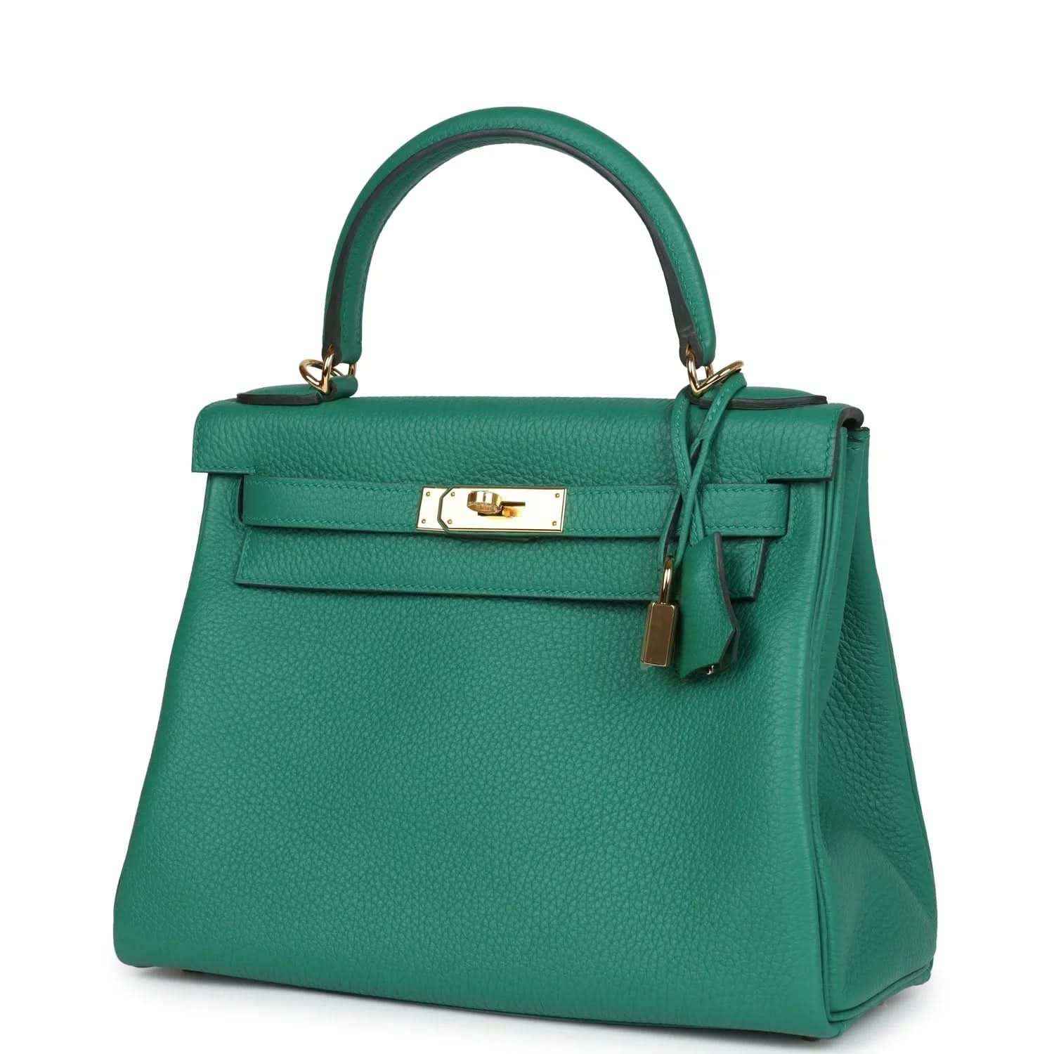 Green leather handbag with top handle, front flap, and gold-tone lock clasp