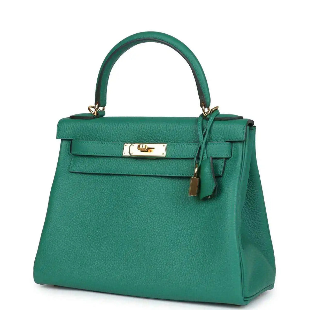 Green leather handbag with top handle, front flap, and gold-tone lock clasp