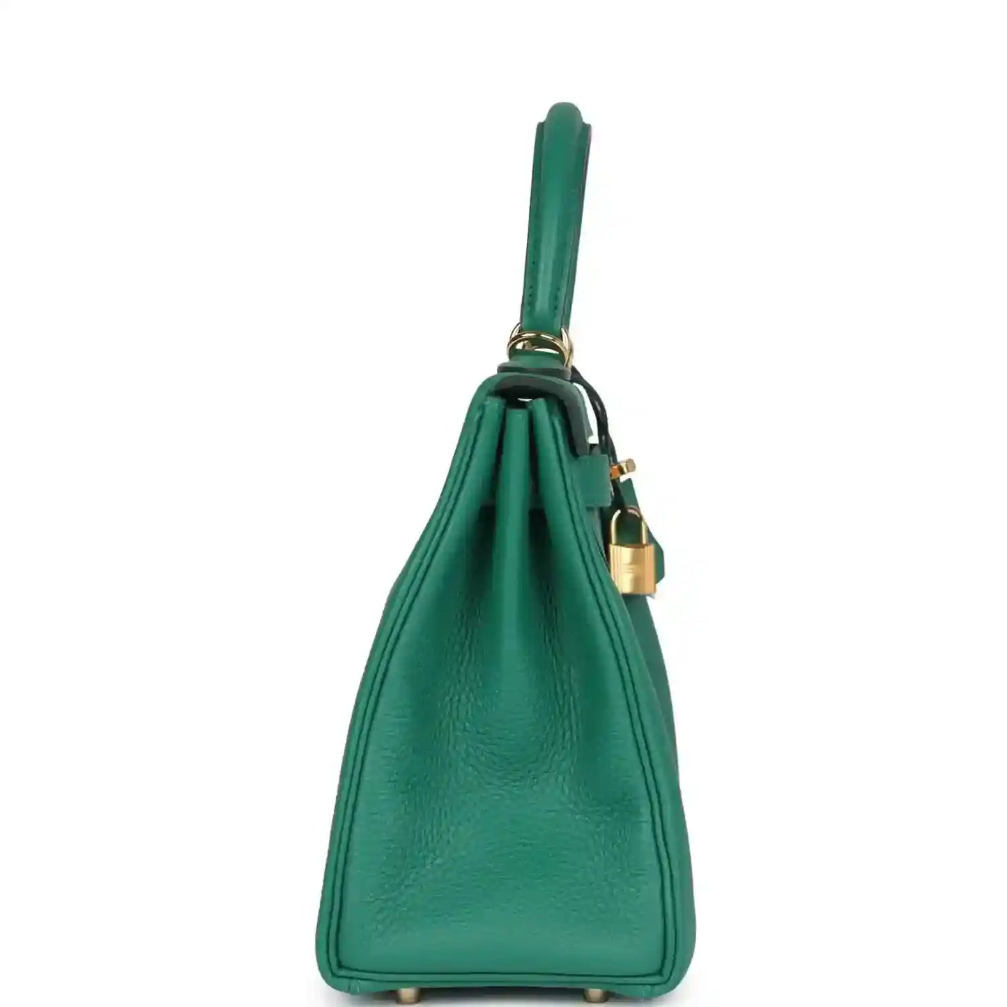 Green leather handbag side view with top handle and gold-tone hanging hardware