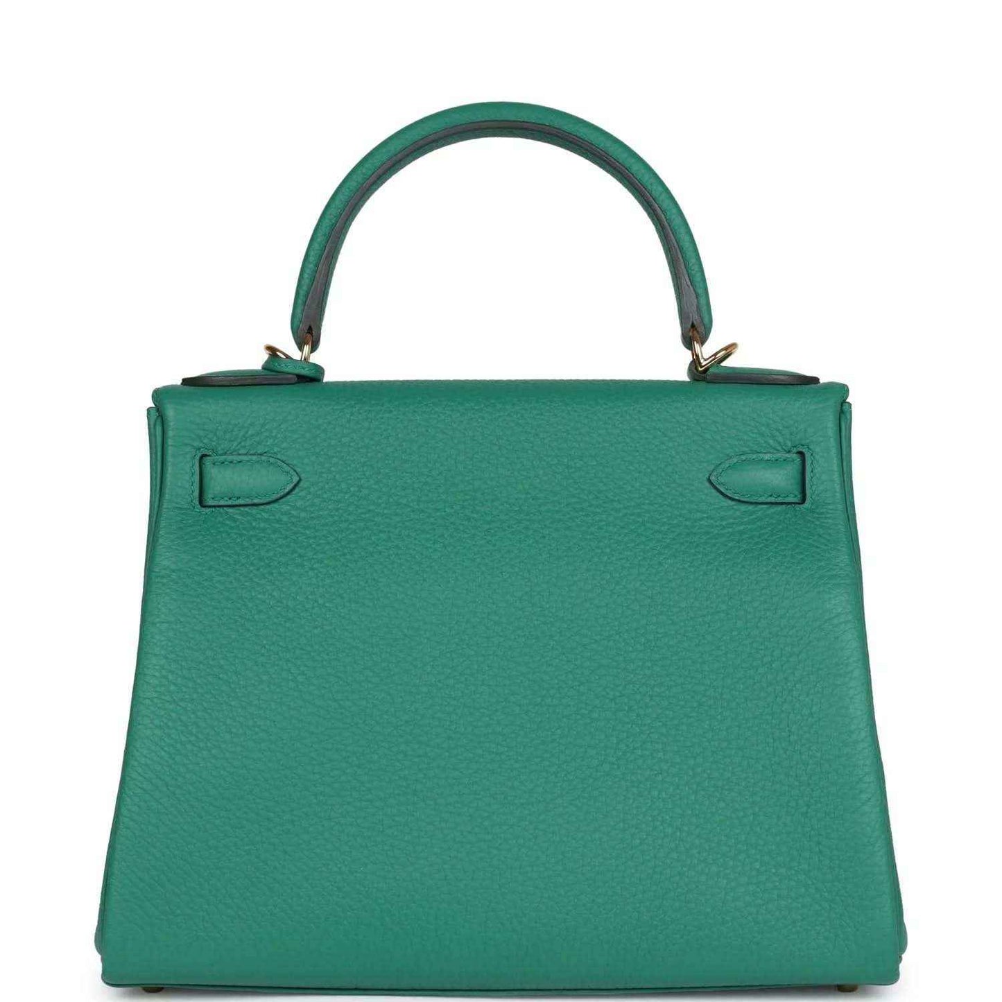 Green leather handbag with top handle, embossed back panels, and gold-tone feet