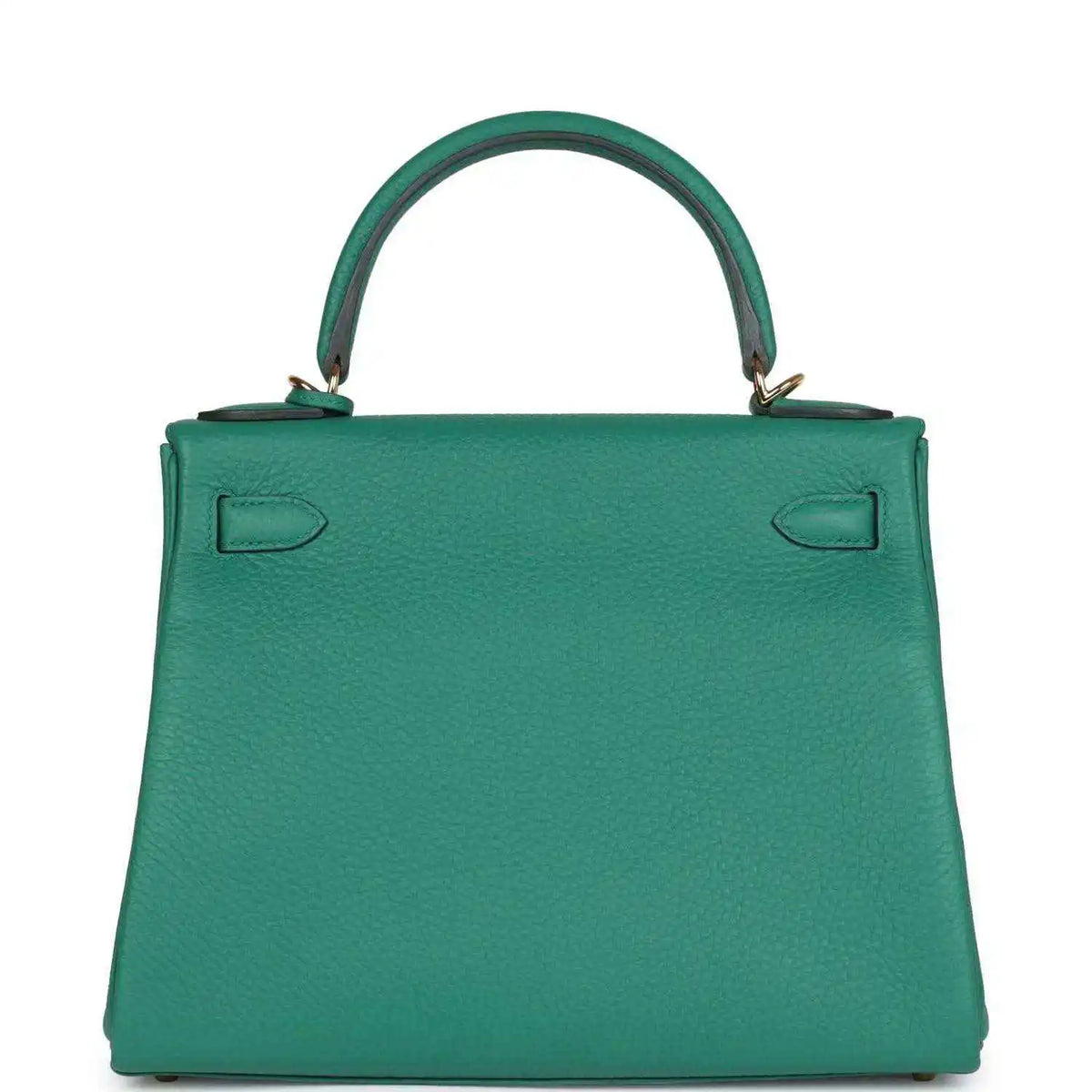 Green leather handbag with top handle, embossed back panels, and gold-tone feet