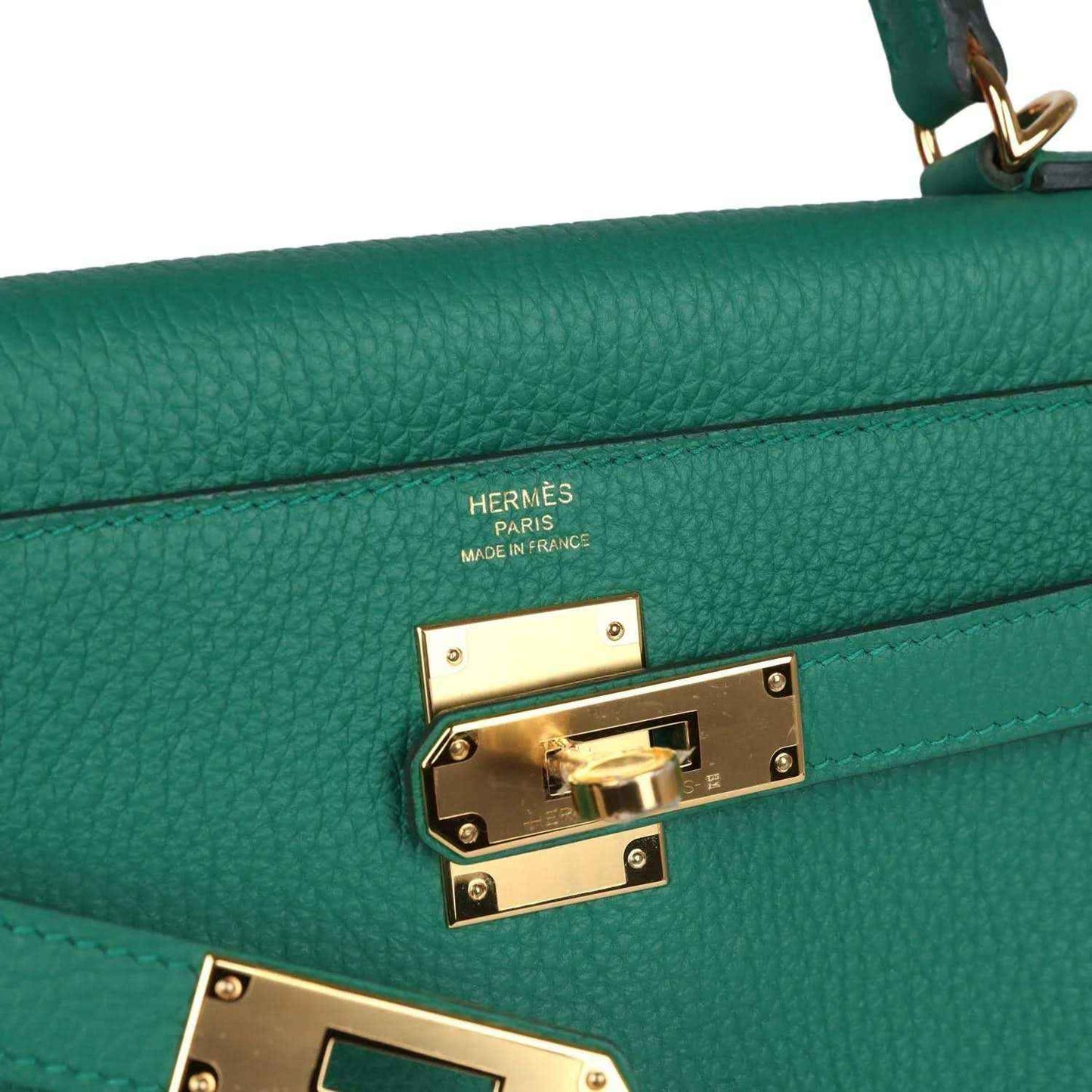 Green leather handbag clasp with HERMES PARIS and made in France stamp