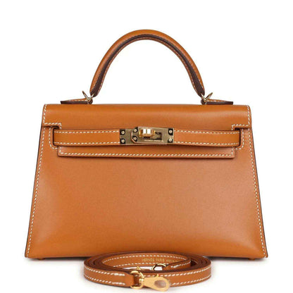 Kelly Sellier 20 handbag in tan leather with gold turn-lock and top handles