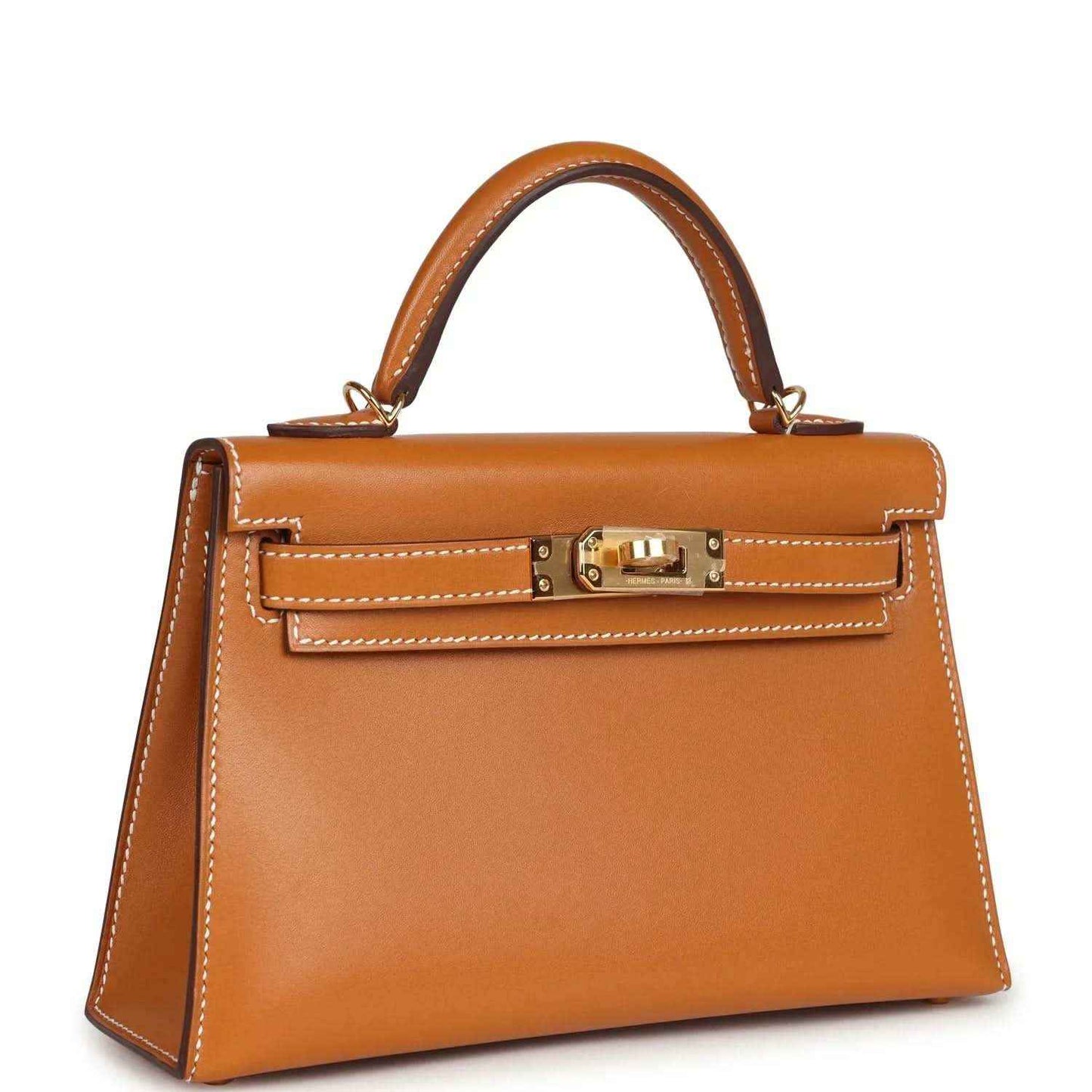 Kelly Sellier 20 handbag tan leather with gold turn-lock and top handles, front view