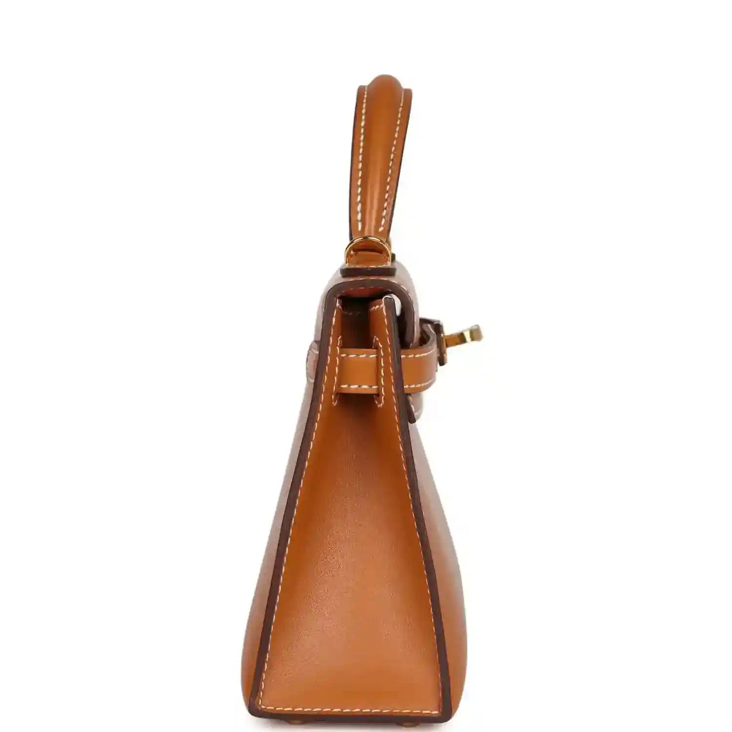 Kelly Sellier 20 handbag side view with top handle and gold hardware attachment
