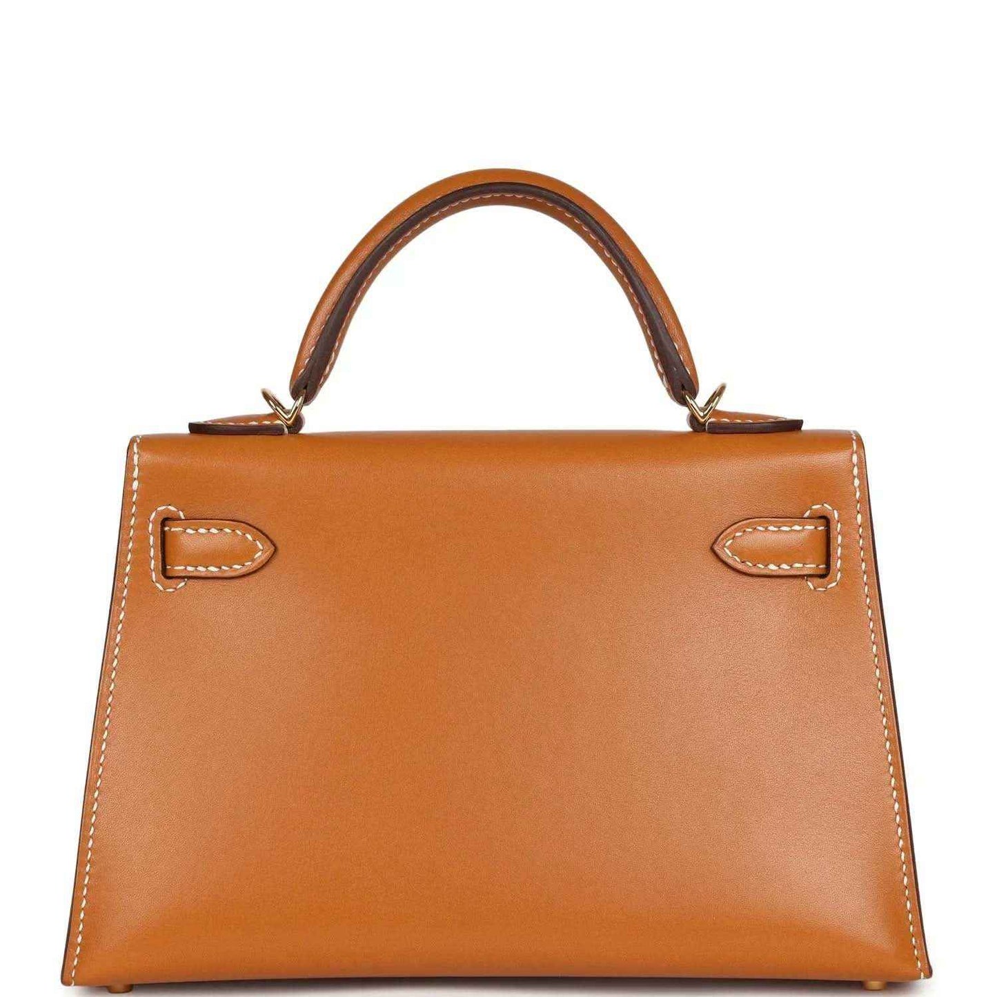 Kelly Sellier 20 handbag tan leather with stitched corner accents and gold turn-lock