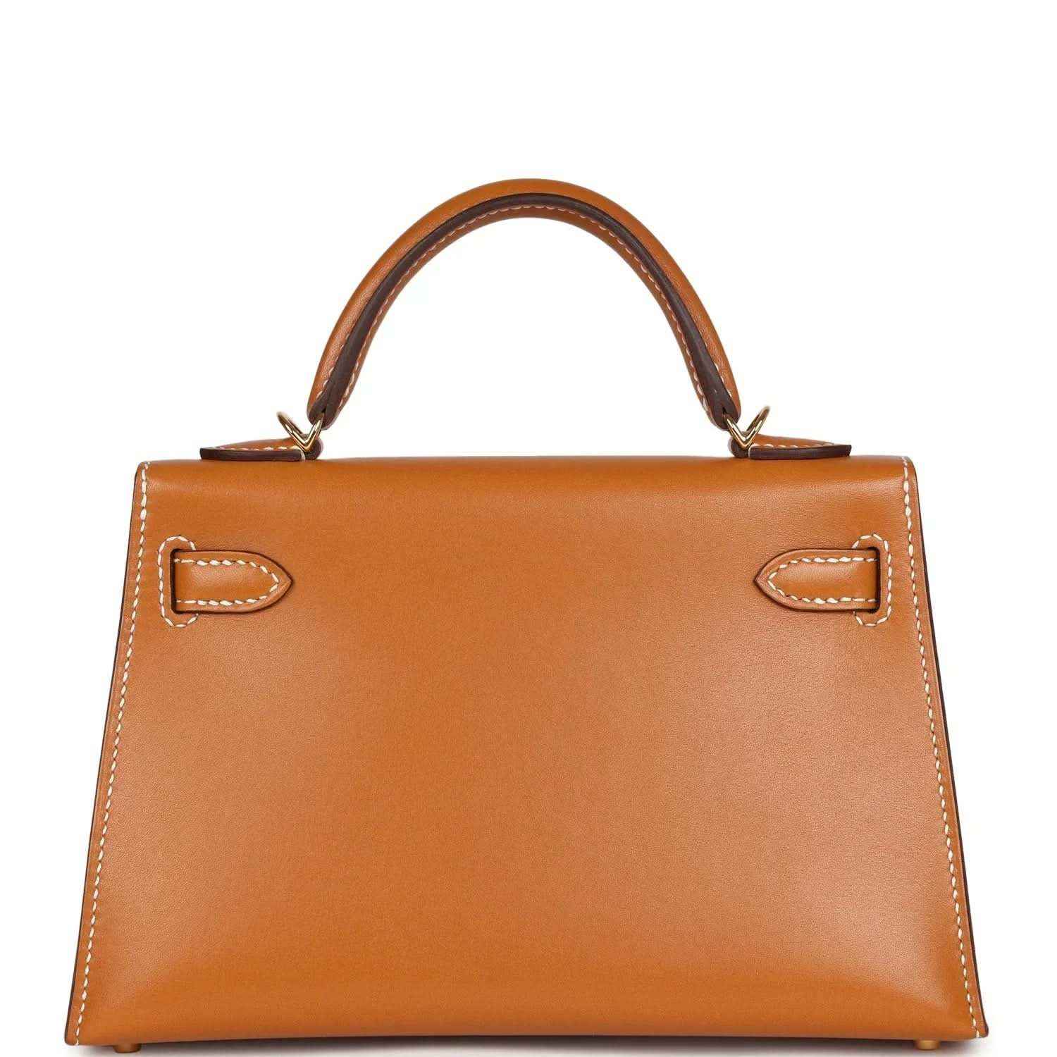 Kelly Sellier 20 handbag tan leather with stitched corner accents and gold turn-lock