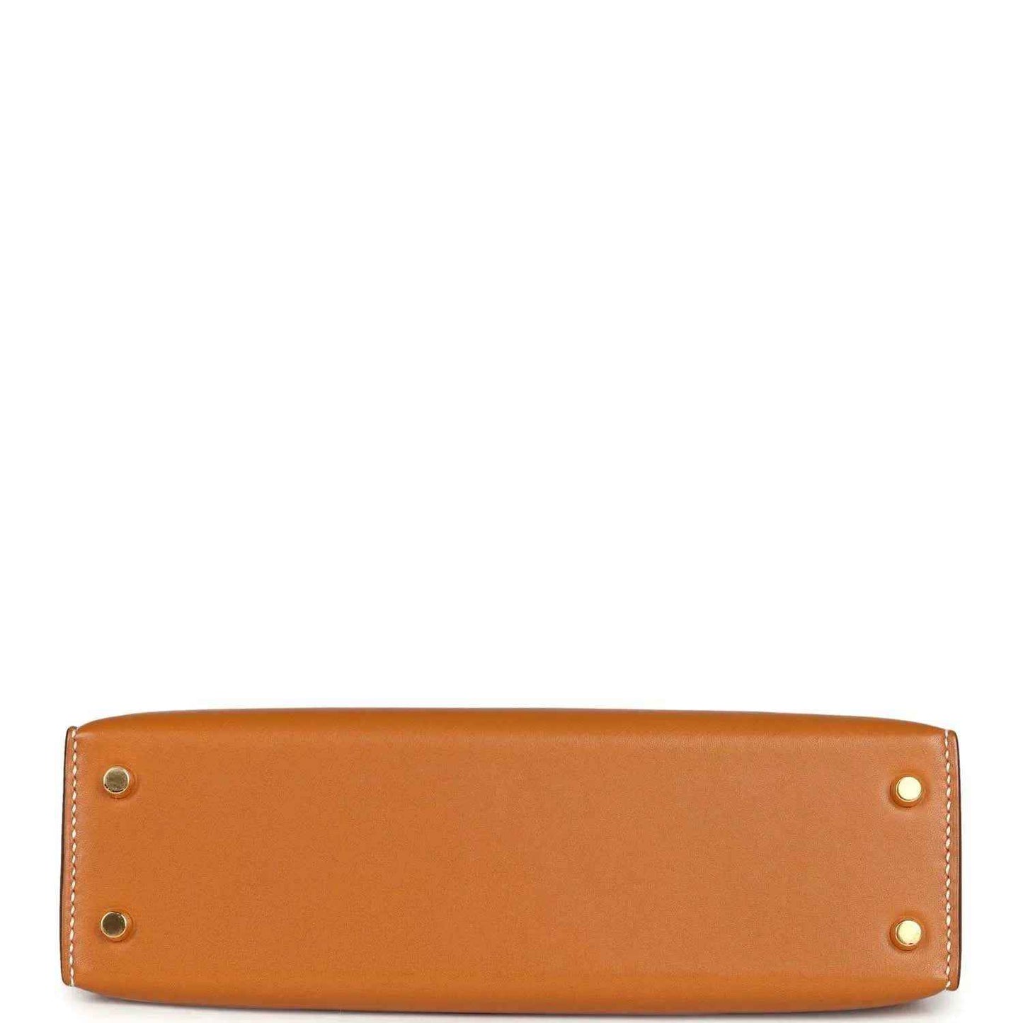 Kelly Sellier 20 handbag base view with two metal feet and tan leather
