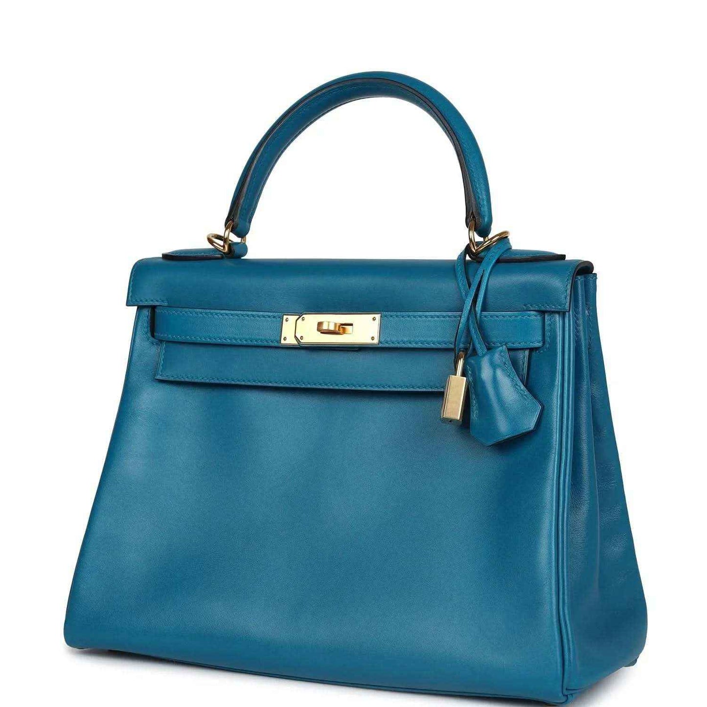 Hermes Kelly Retourne 28 bag in blue leather with front flap and gold lock detail