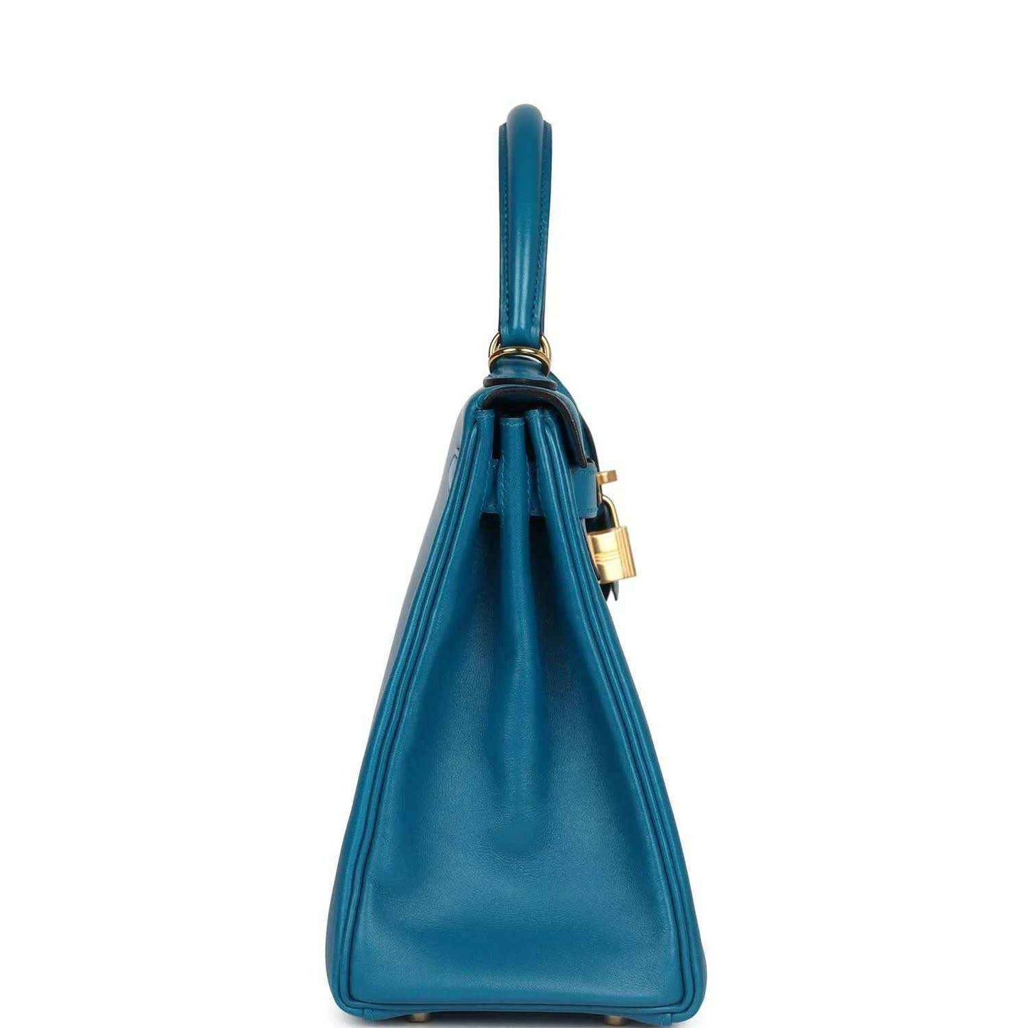 Hermes Kelly Retourne 28 bag in blue leather with top handle and attached shoulder strap