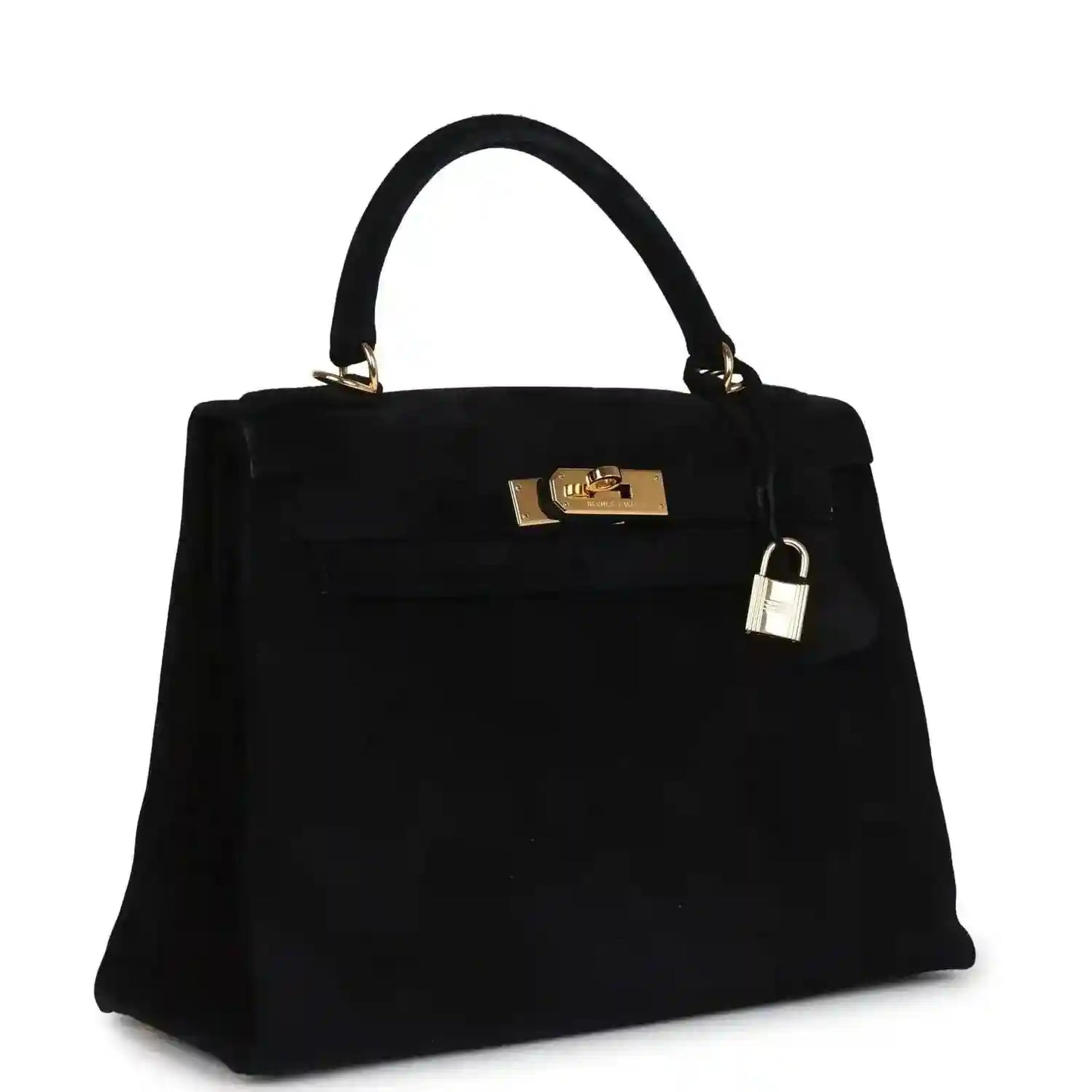 Black suede top-handle handbag with gold front plaque and padlock charm